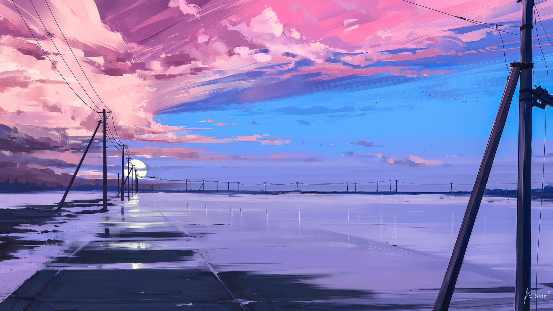 sky, lines, clouds, 1080P, painting, landscape, Aenami, purple, Sun, water, anime, illustration, ice, HD Wallpaper