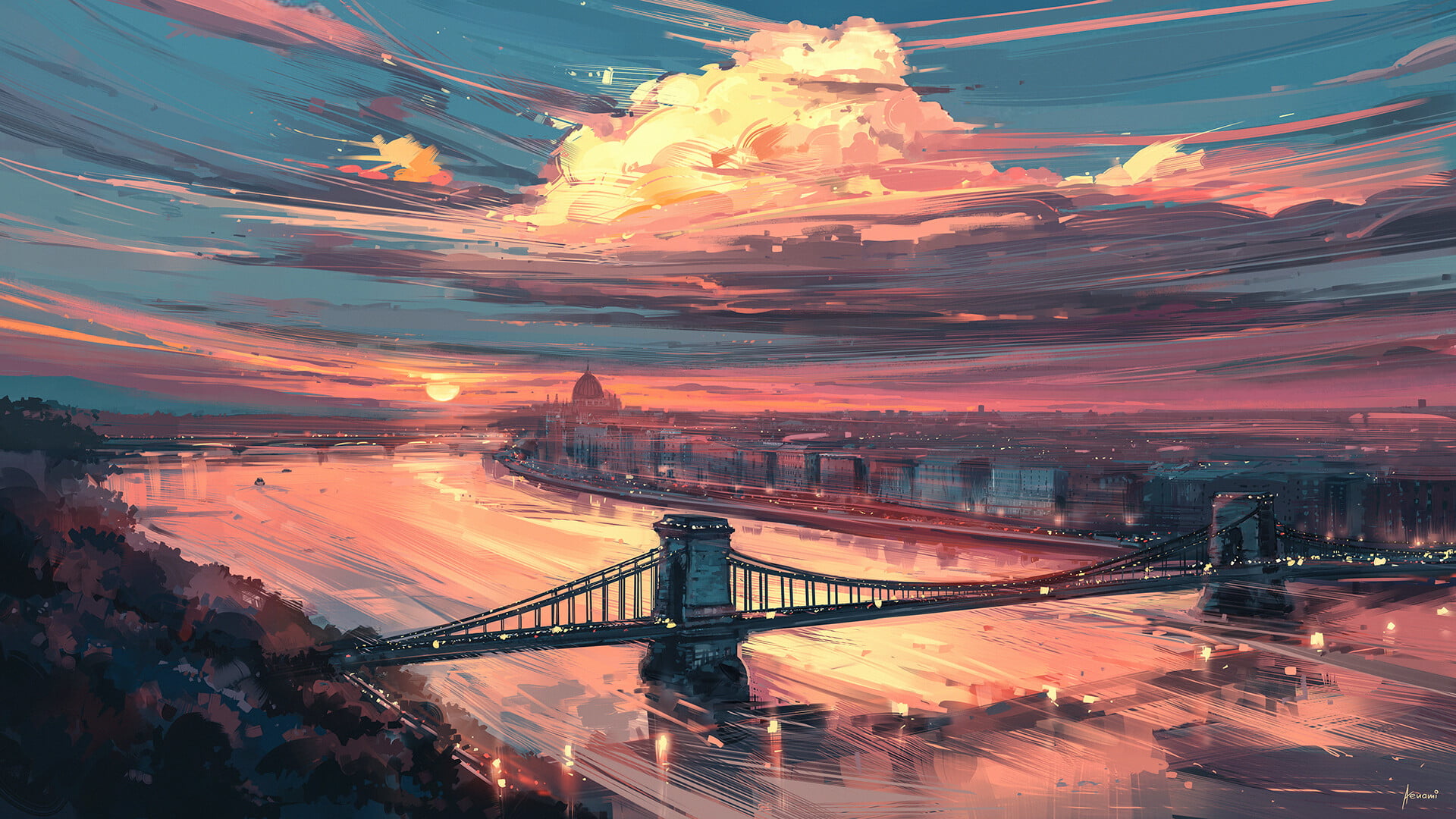 artwork, clouds, digital art, bridge, 1080P, sunset, Aenami, HD Wallpaper
