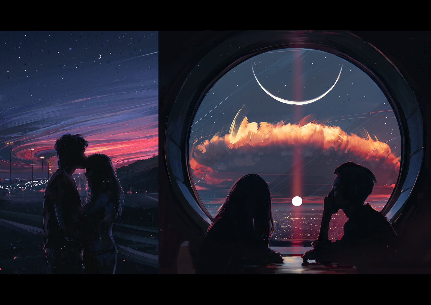 Aenami, cityscape, kissing, women, sunset, 720P, Moon, HD Wallpaper