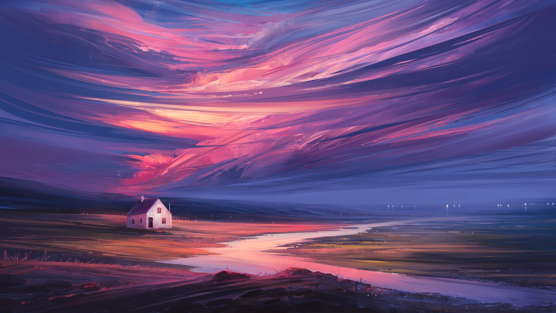 digital painting, night, landscape, sky, river, Aenami, 1080P, HD Wallpaper