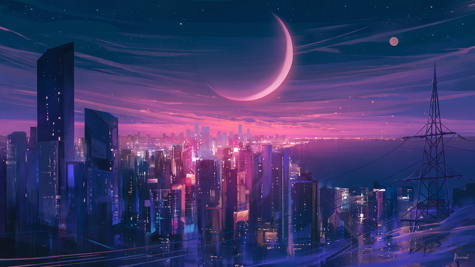 cityscape, night, sky, Moon, 1080P, Aenami, digital art, HD Wallpaper