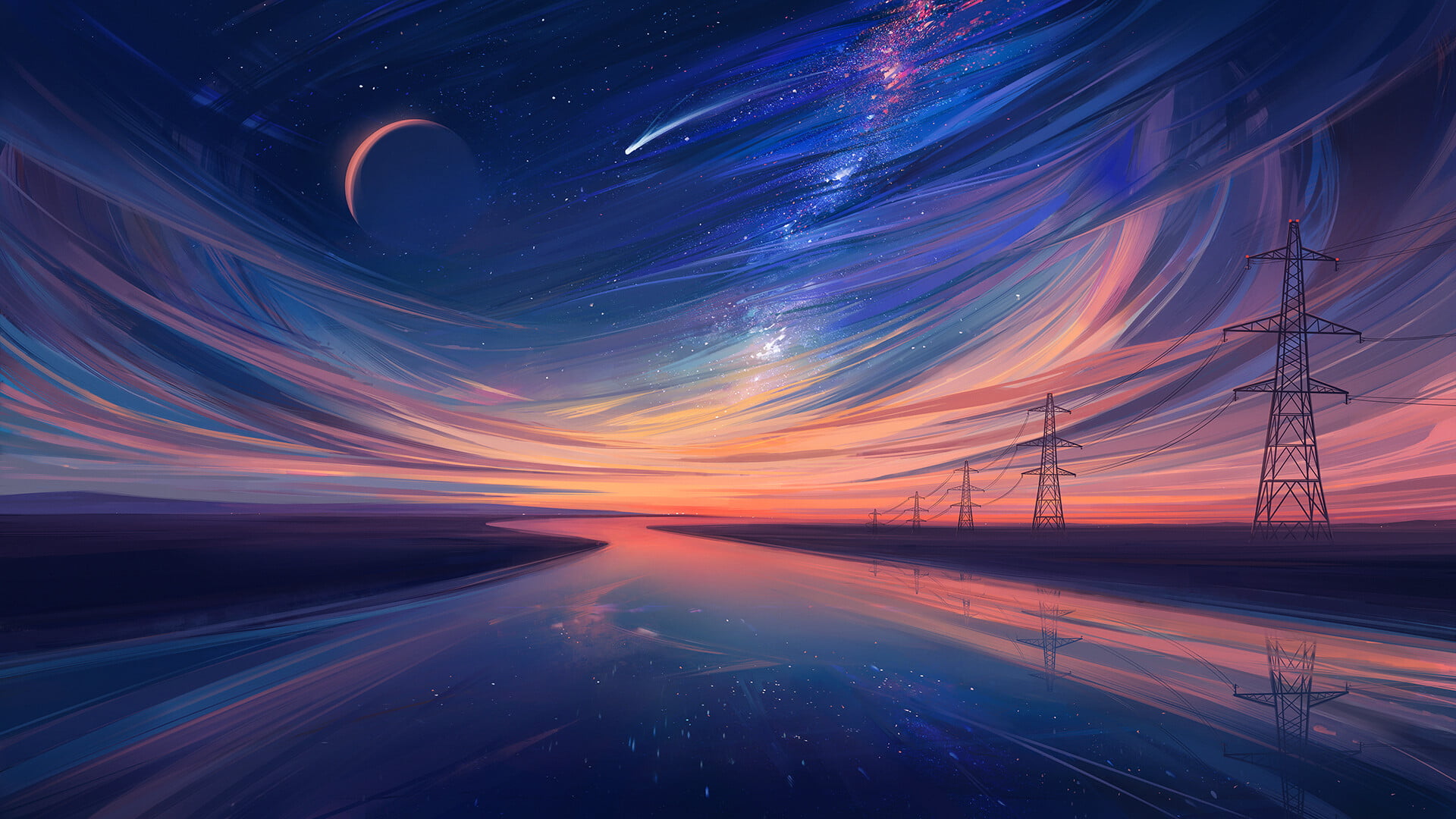 1080P, power lines, sky, digital art, landscape, river, Moon, Aenami, HD Wallpaper