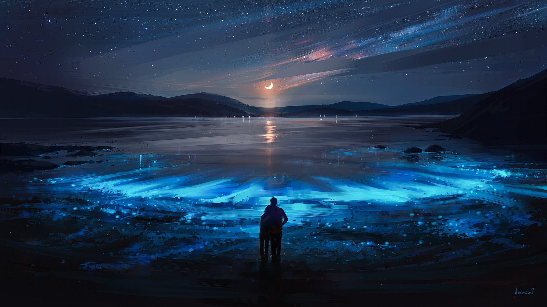 girl, mood, night, artist, couple, feeling, sky, stars, moon, lake, boy, hugging, 1080P, Aenami, landscape, digital art, art, artwork, HD Wallpaper