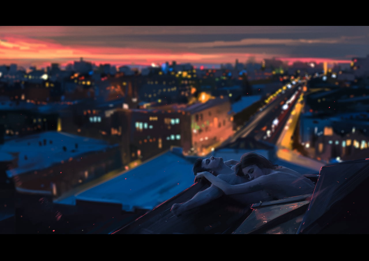 couple, sunset, 720P, artwork, Aenami, digital, city, HD Wallpaper