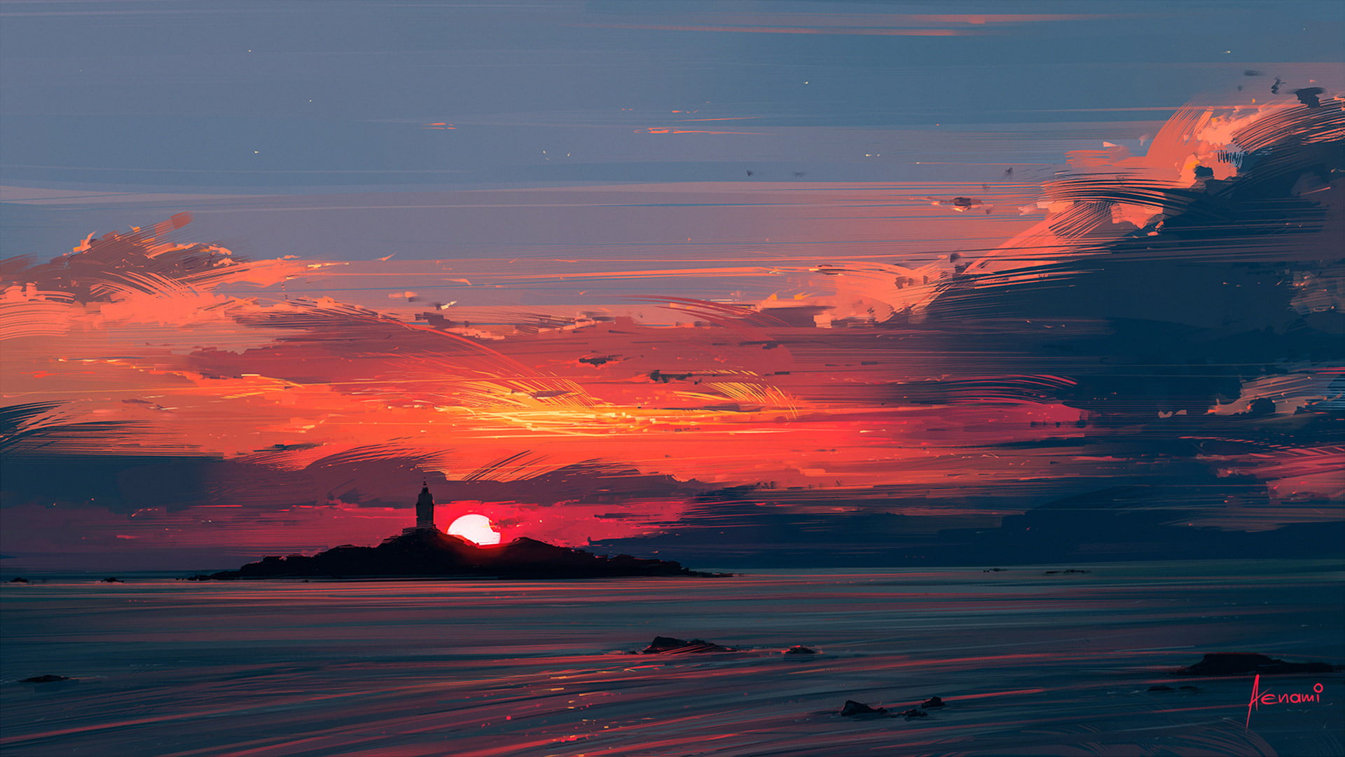 artwork, illustration, sunset, water, Aenami, digital art, 1080P, HD Wallpaper