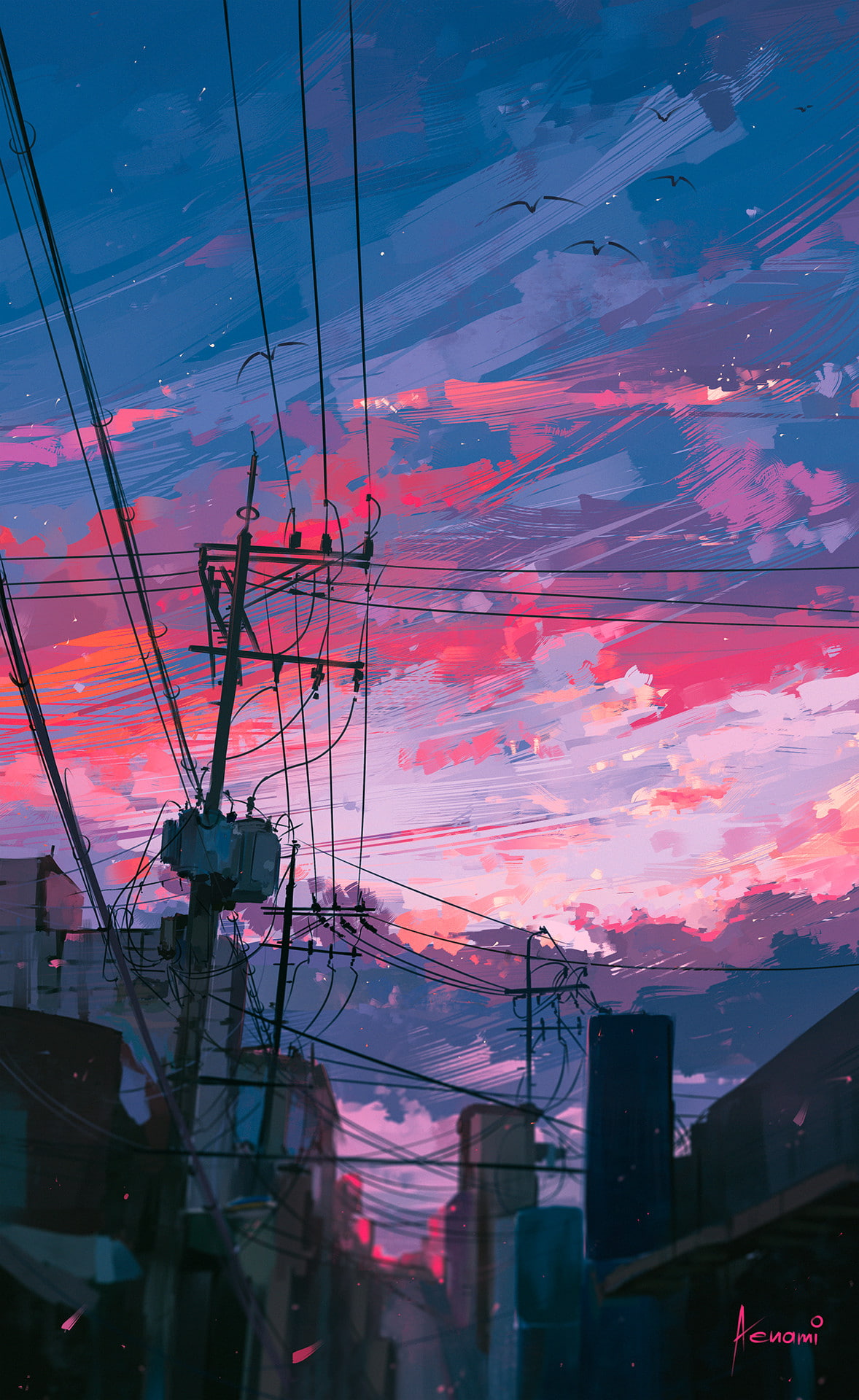 1080P, Aenami, clouds, Power Lines, sky, Portrait Display, sunset, town, Phone HD Wallpaper
