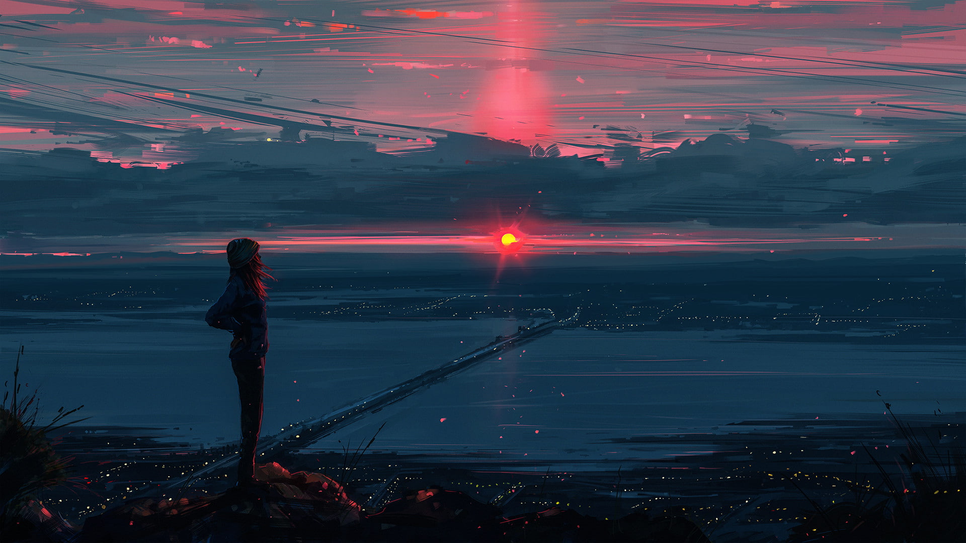 1080P, Aenami, artwork, drawing, landscape, sunset, clouds, digital art, sun, HD Wallpaper