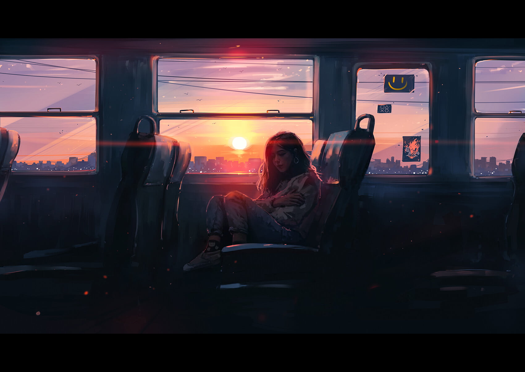 women, sunset, 720P, train, Aenami, cityscape, HD Wallpaper