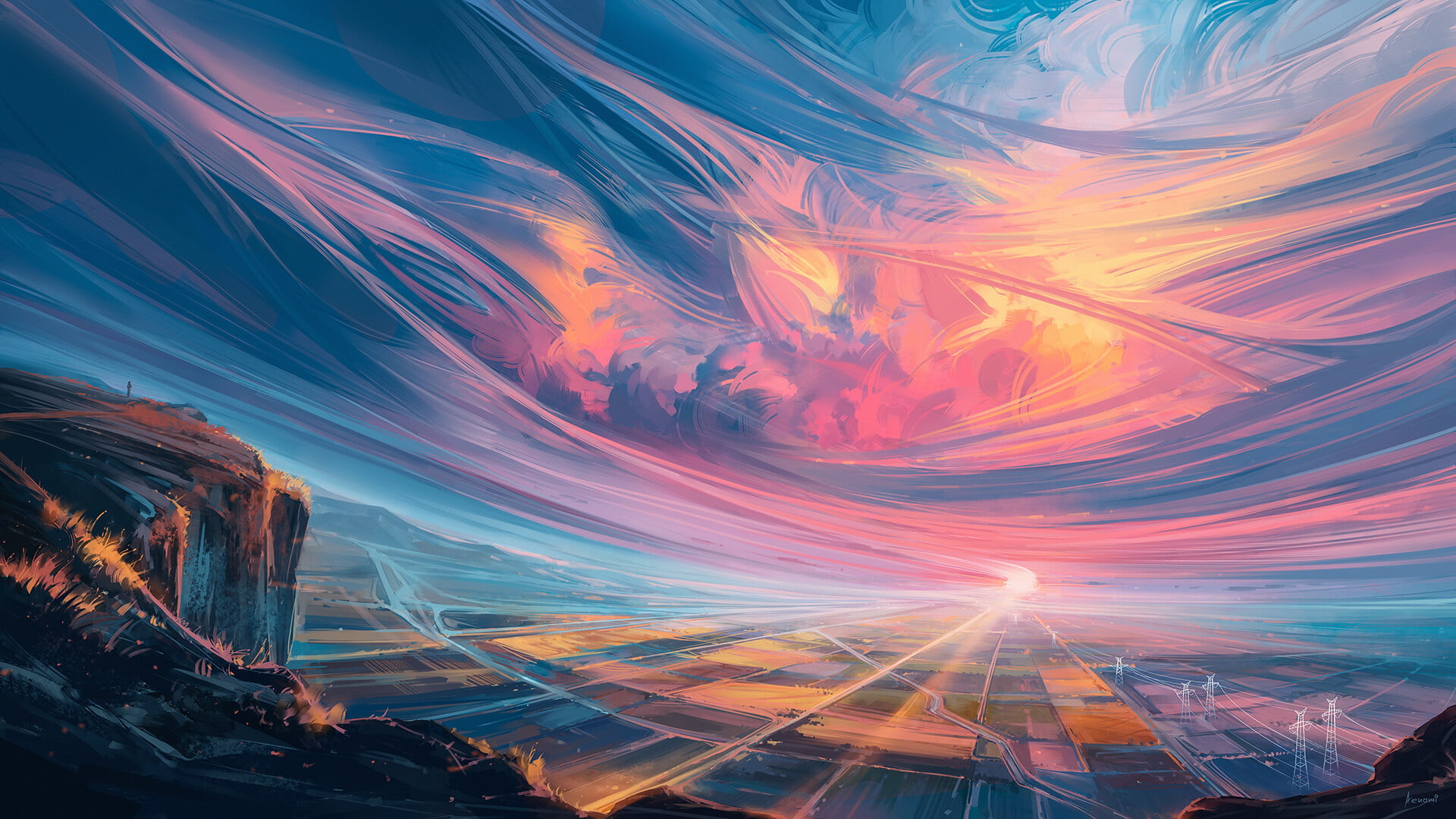 clouds, mountains, landscape, sunset, Aenami, 1080P, digital painting, sky, HD Wallpaper