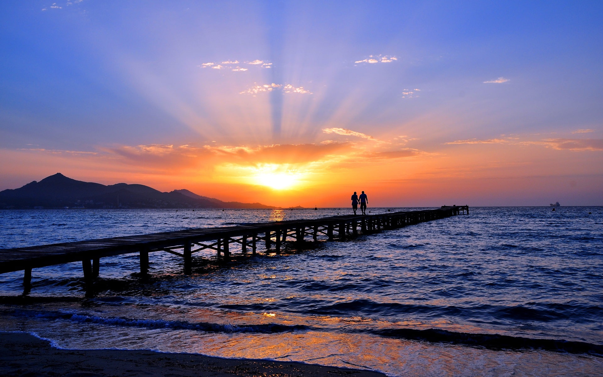 Two, 1080P, Sky, Seashore, People, Skyline, Bridge, Beach, Sunset, Sea, HD Wallpaper