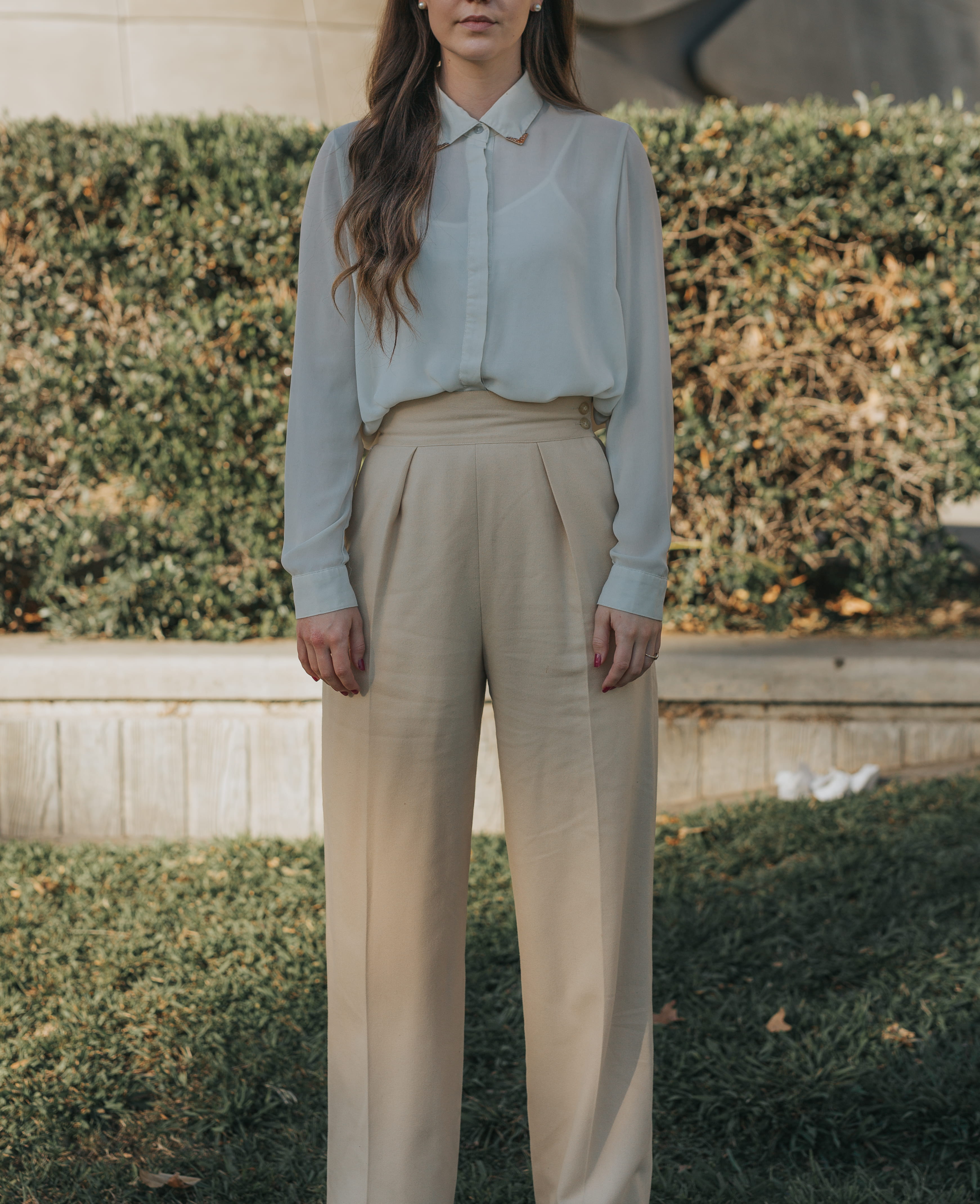 front, suit, green, field, brown, woman, sleeved, young adult, pants, beige, standing, nature, focus on foreground, bushes, model, one person, women, button, Phone HD Wallpaper