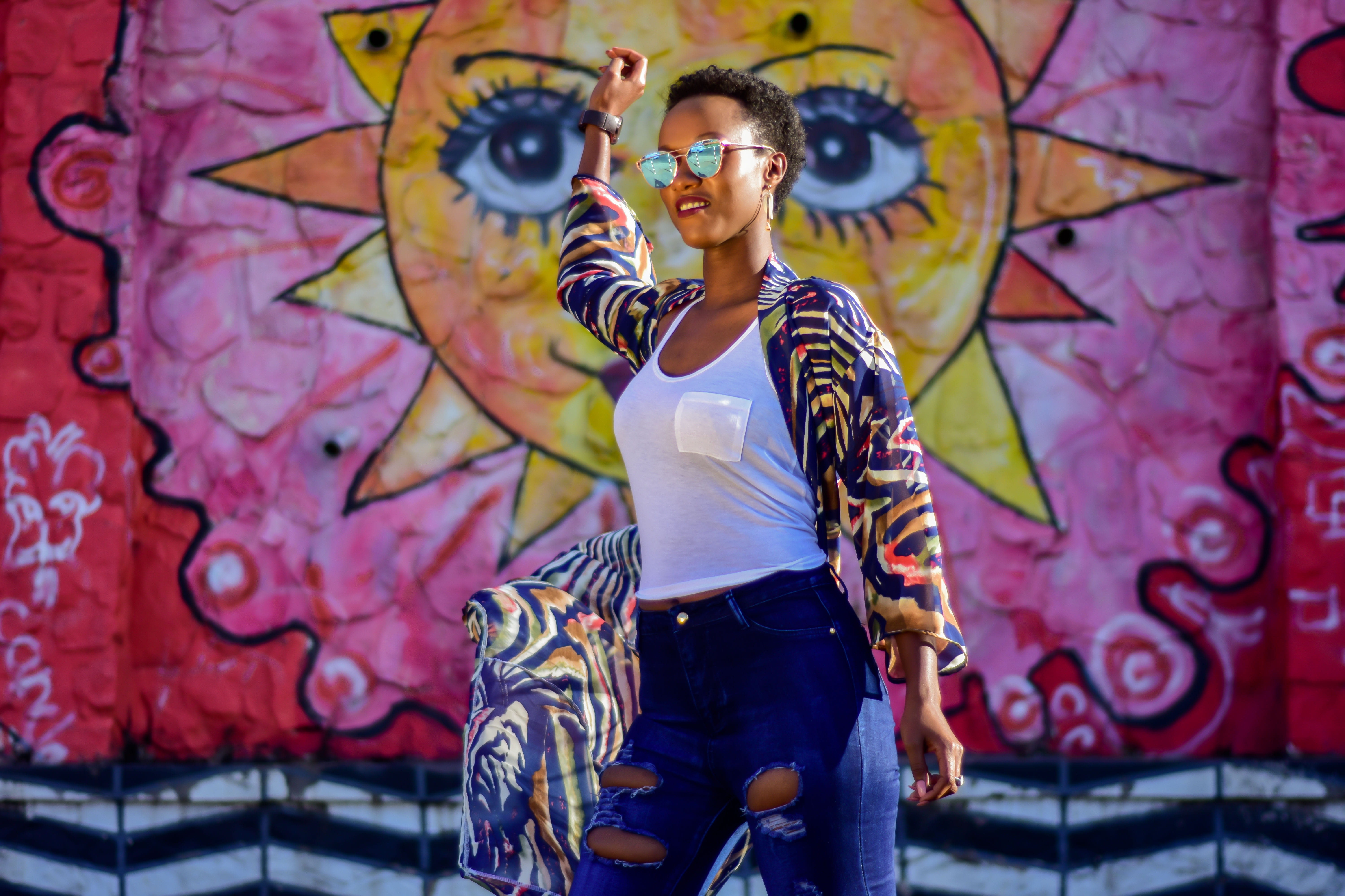 5K, standing, hip hop, front view, multicolored, wearing, woman, glasses, sunglasses, young adult, lifestyles, adult, outdoors, city, female, sun, one person, HD Wallpaper