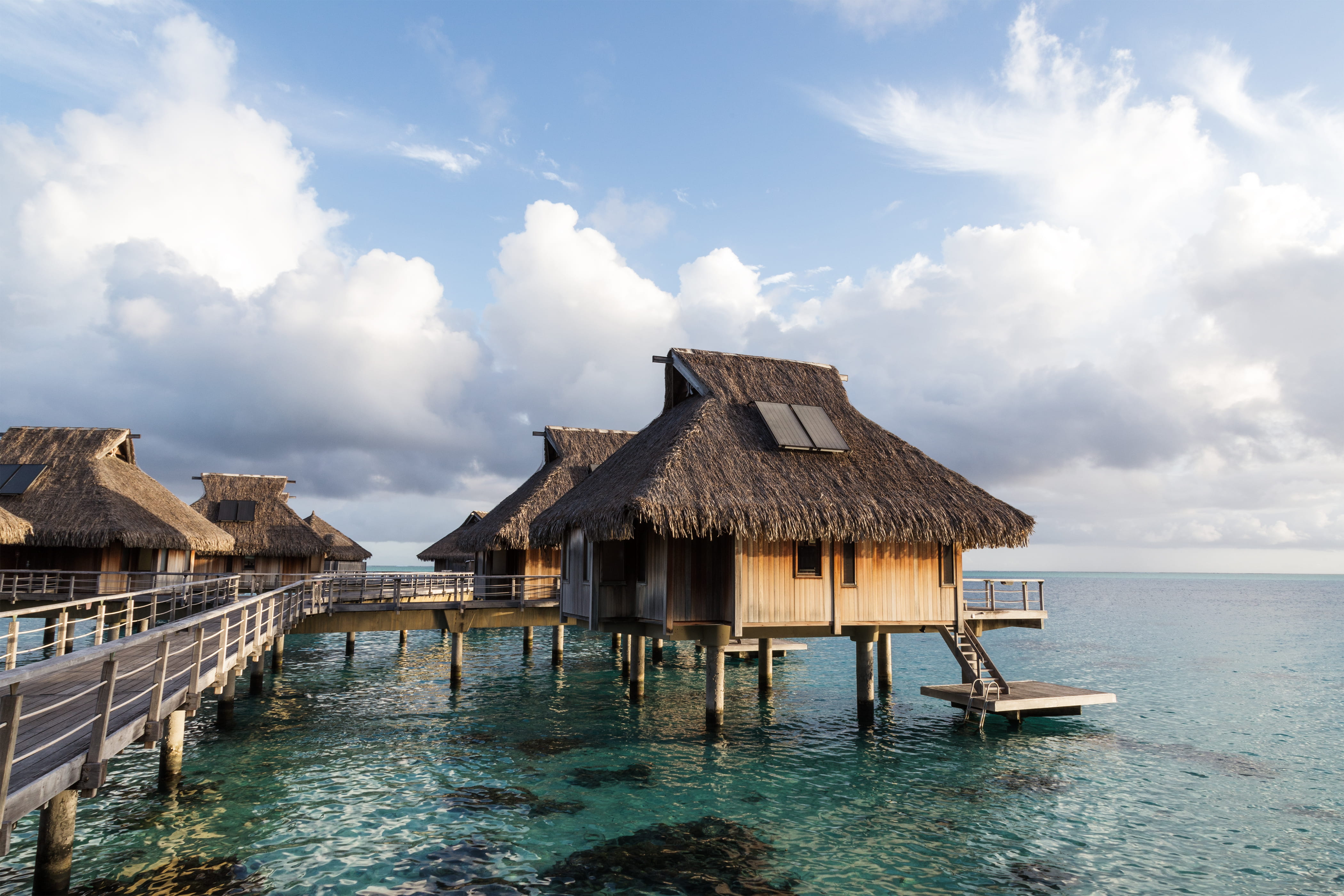 no people, cloud - sky, clouds, hut, sea, built structure, building, nature, bora bora, sky, day, thatched roof, tropical, luxury, french polynesia, conrad bora bora nui, HD Wallpaper