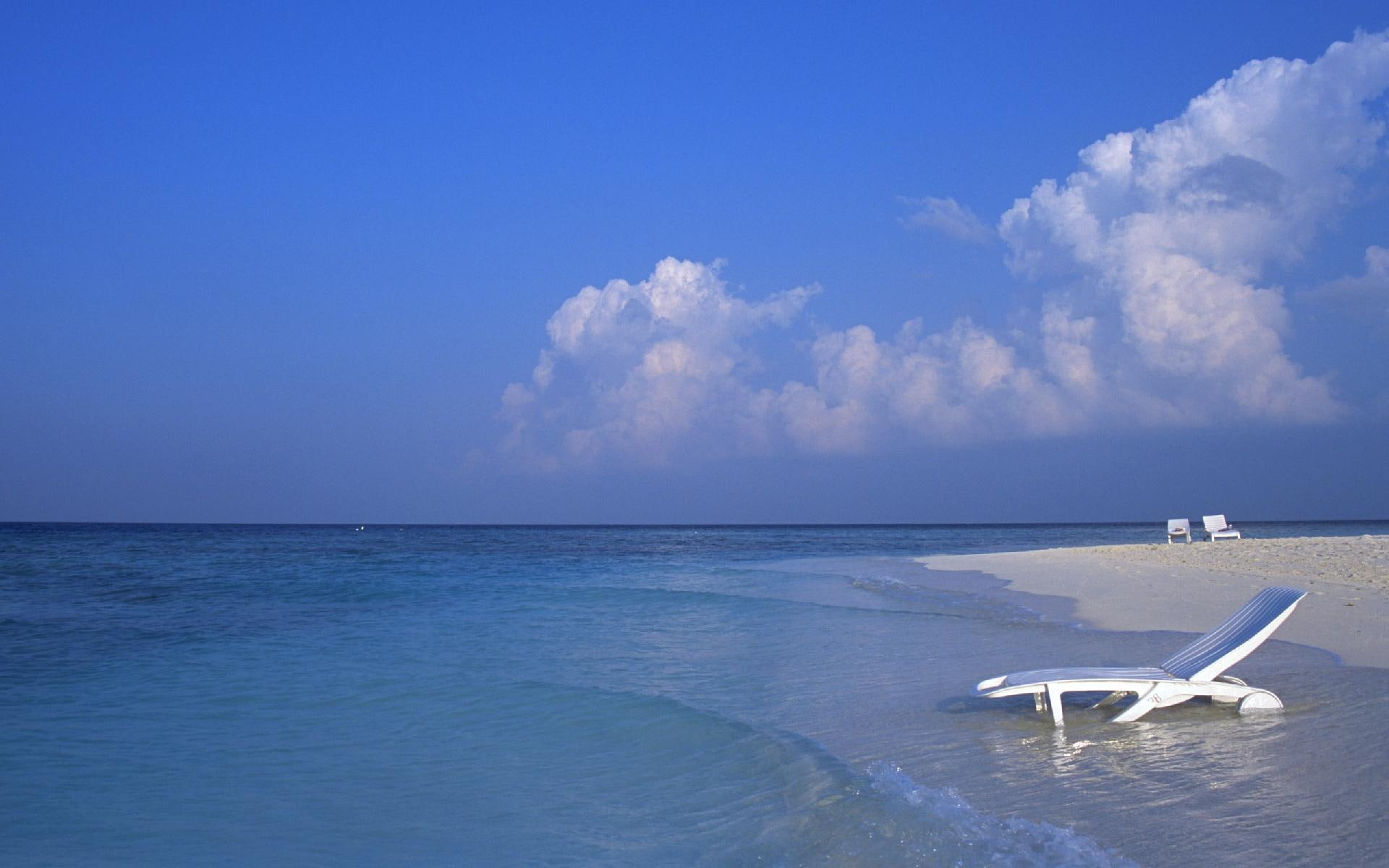 1080P, sand, white, island, photo, maldives, paradise, 3d and abstract, beach, bench, HD Wallpaper