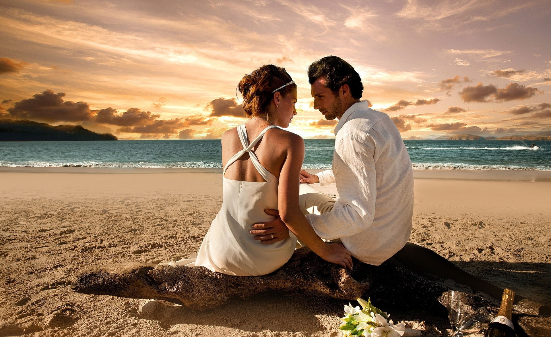 nature, bride, men, sea, s, Honeymoon, beach, water, adult, young adult, sunset, horizon over water, Love, sky, 1080P, couple - relationship, land, emotion, HD Wallpaper