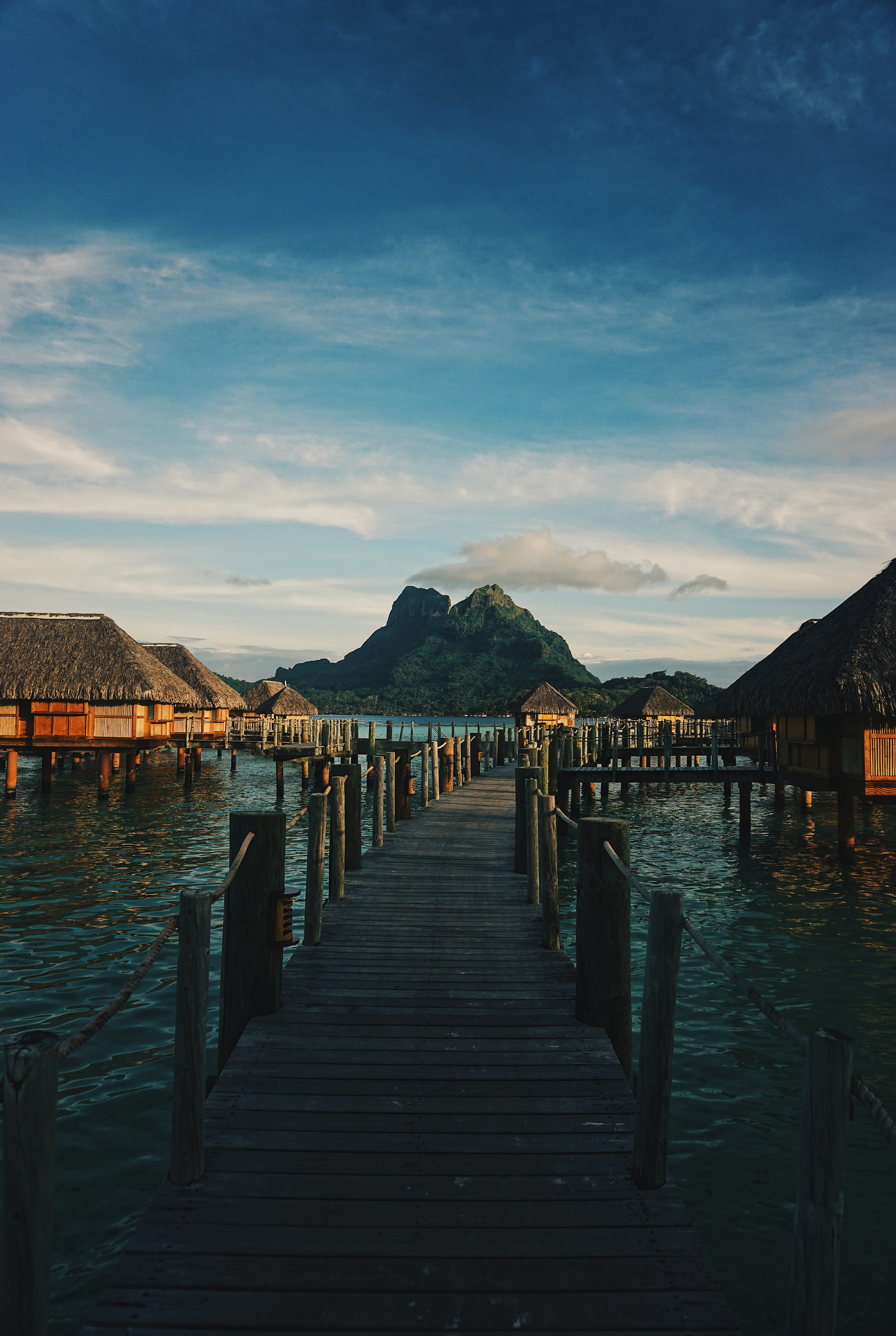mountain, wood - material, post, lake, 5K, pacific, tranquility, outdoors, architecture, wood paneling, built structure, bora bora, the way forward, pier, Phone HD Wallpaper