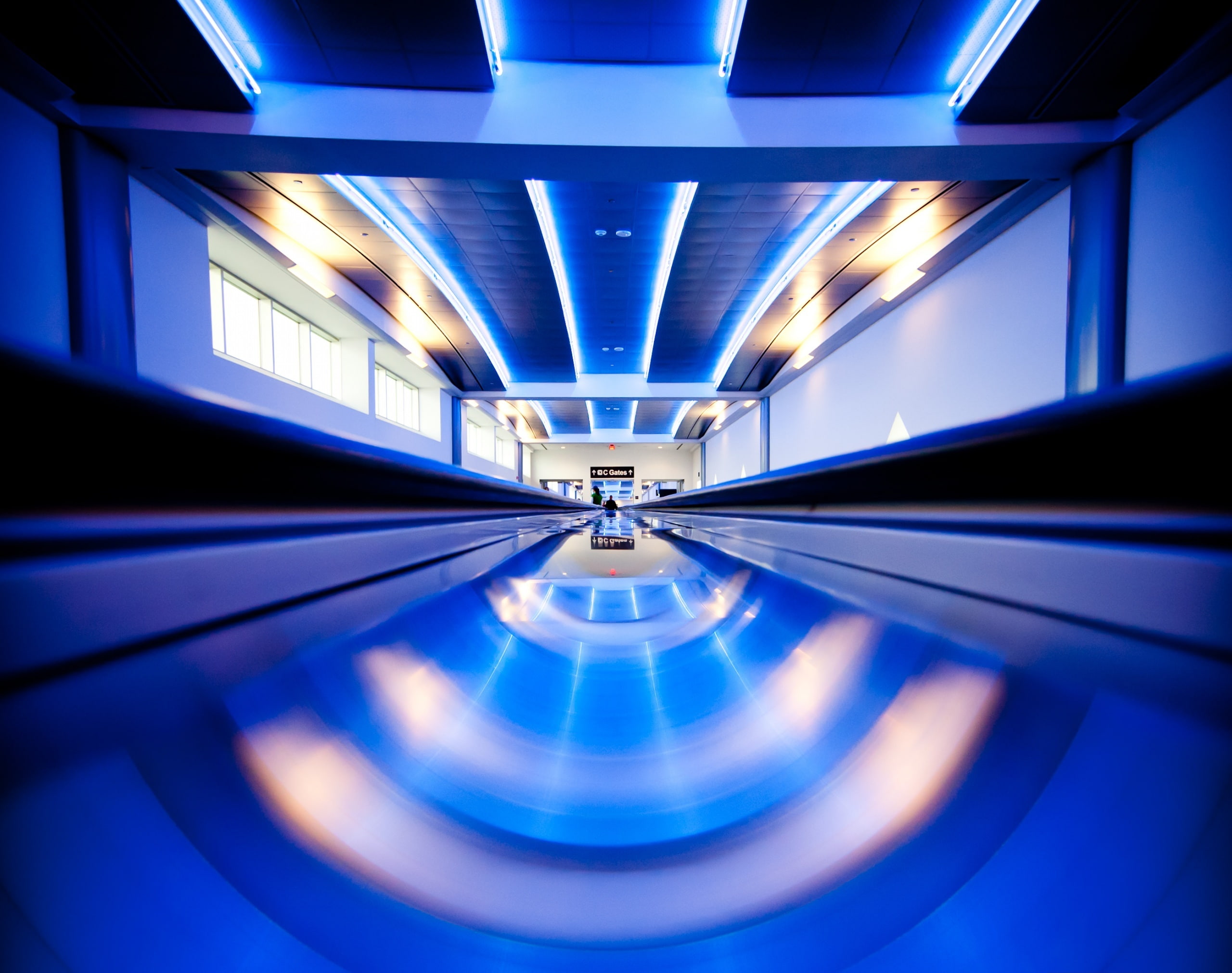 empty, indoors, built structure, lighting equipment, illuminated, Architecture, honeymoon, blue, vegas, subway, ceiling, tunnel, flooring, Clark County, HD Wallpaper