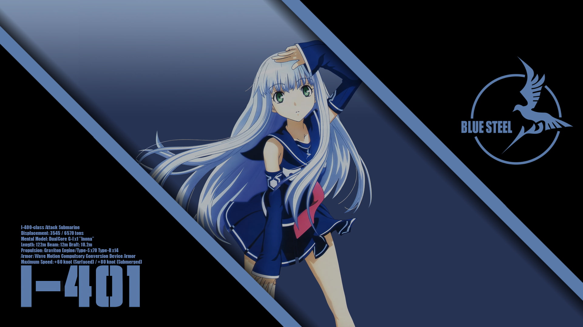 art and craft, architecture, male likeness, human representation, blue background, low angle view, female likeness, Aoki Hagane no Arpeggio, Iona (Aoki Hagane no Arpeggio), HD Wallpaper