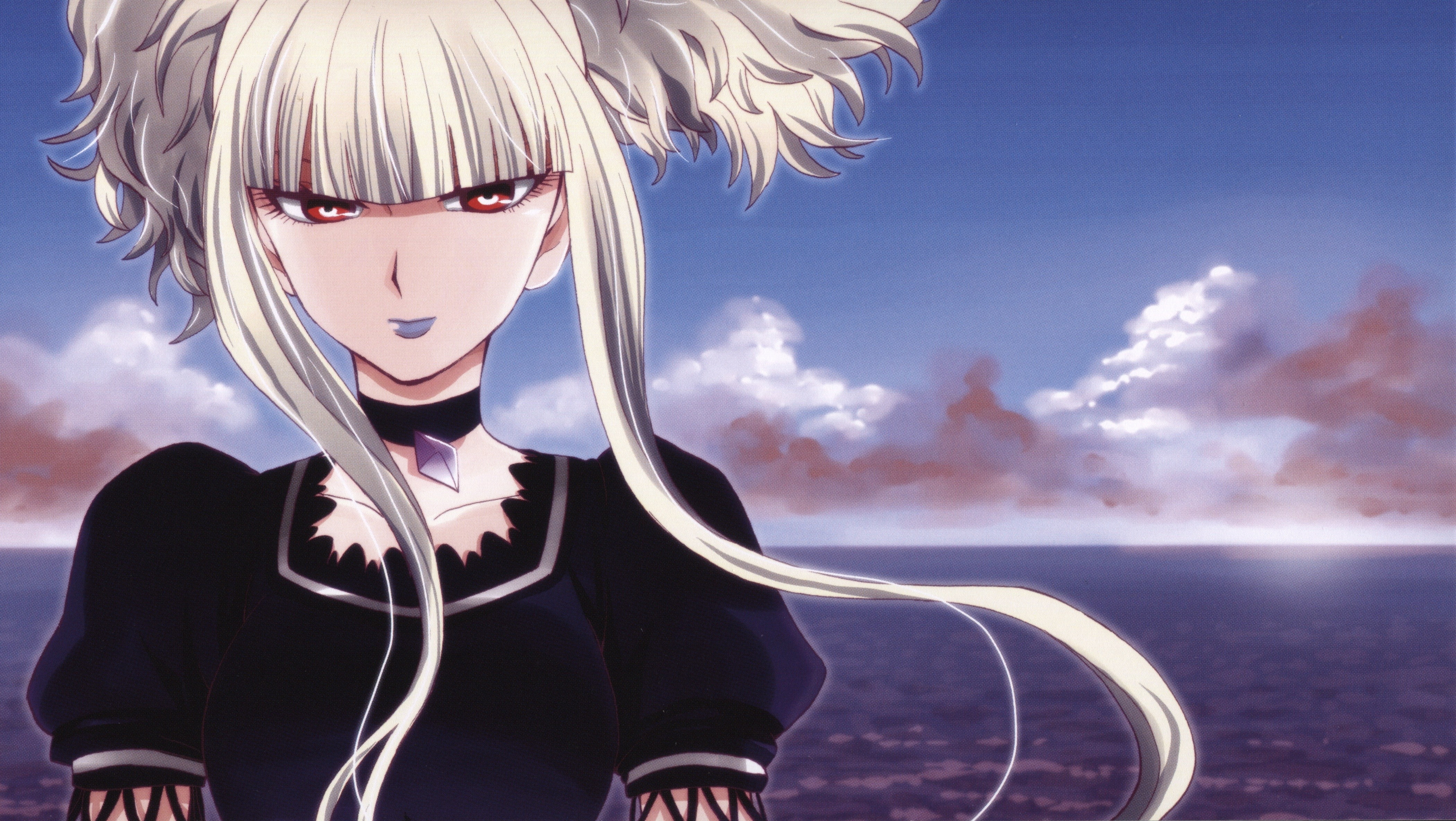 Kongou (Aoki Hagane no Arpeggio), collars, long hair, twintails, red eyes, blonde, Aoki Hagane no Arpeggio, 4K, sea, HD Wallpaper