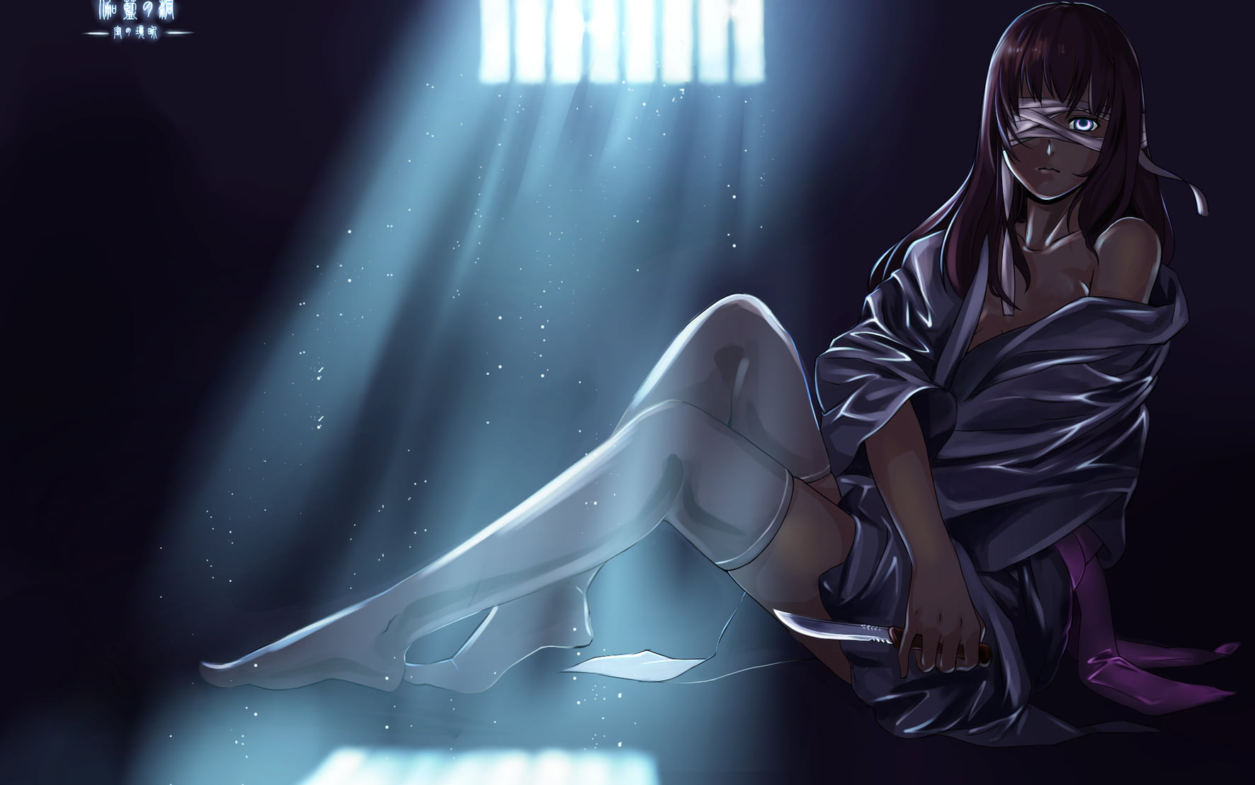 casual clothing, anime girls, stockings, young adult, illuminated, young women, knife, one person, anime, front view, haired, female, hairstyle, sitting, HD Wallpaper