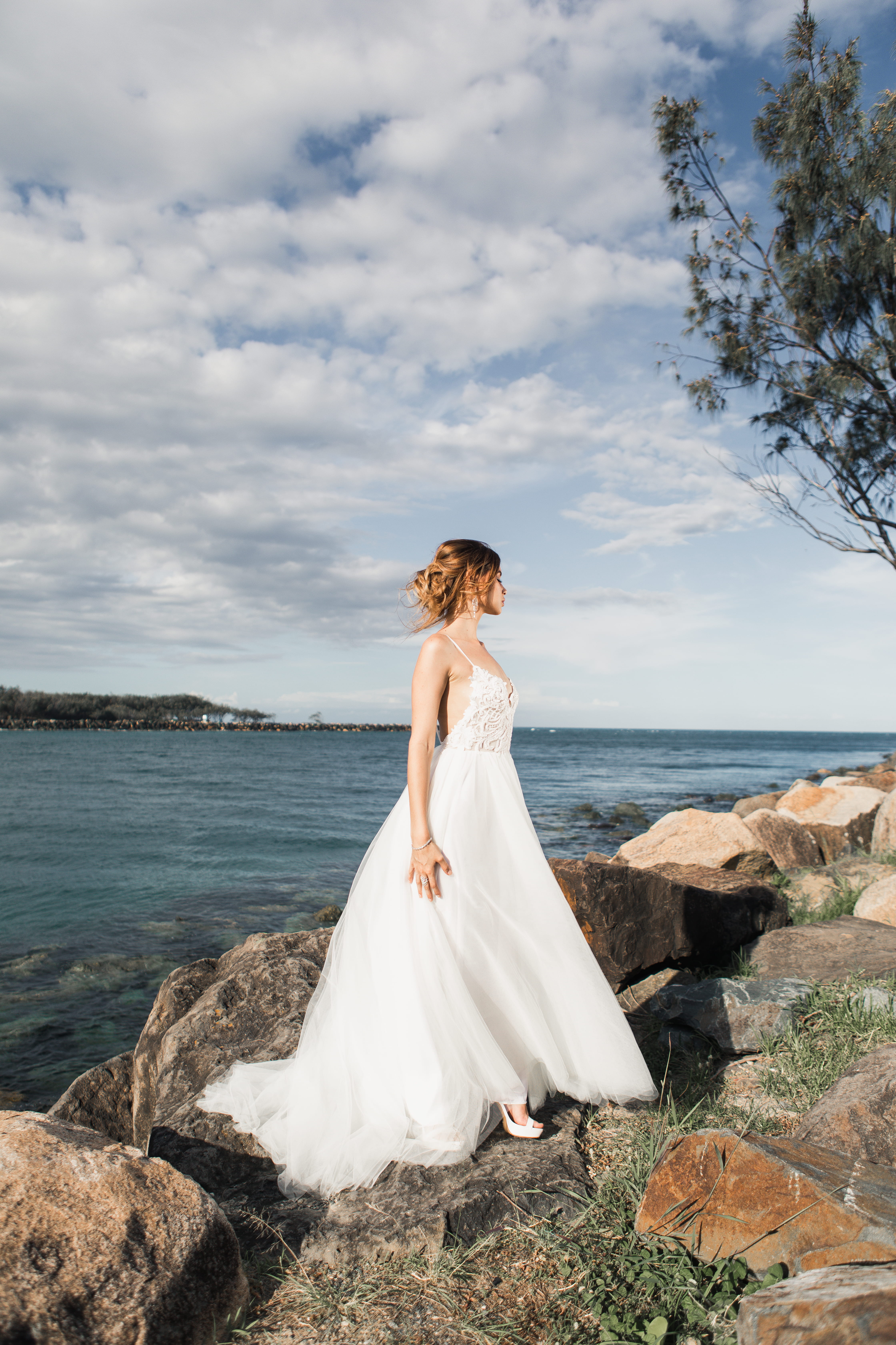 wearing, nature, newlywed, bride, wedding gown, land, event, white dress, outdoors, adult, cloud - sky, sky, woman, gown, celebration, real people, full length, Phone HD Wallpaper