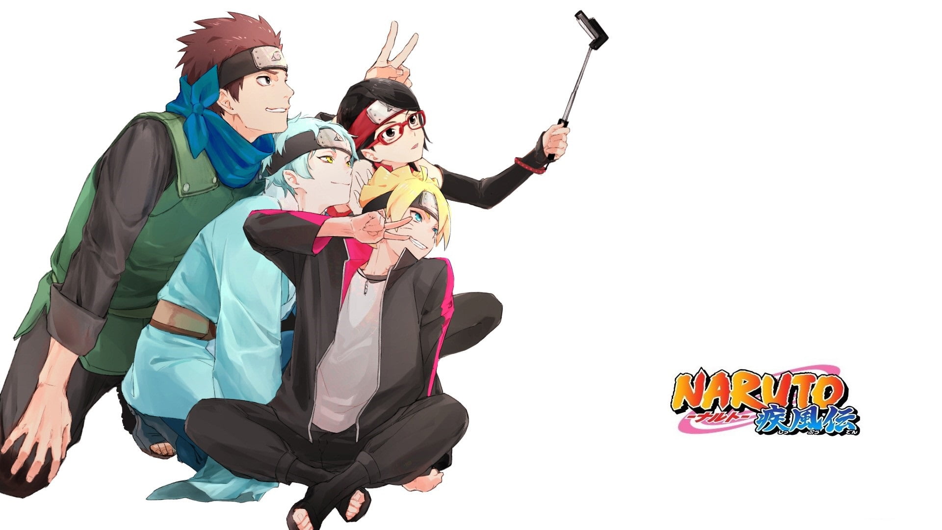 selfie, bandage on forehead, ninja, gesture V, smile, Boruto, friends, glasses, white background, 1080P, Boruto Naruto The Next Generations, HD Wallpaper