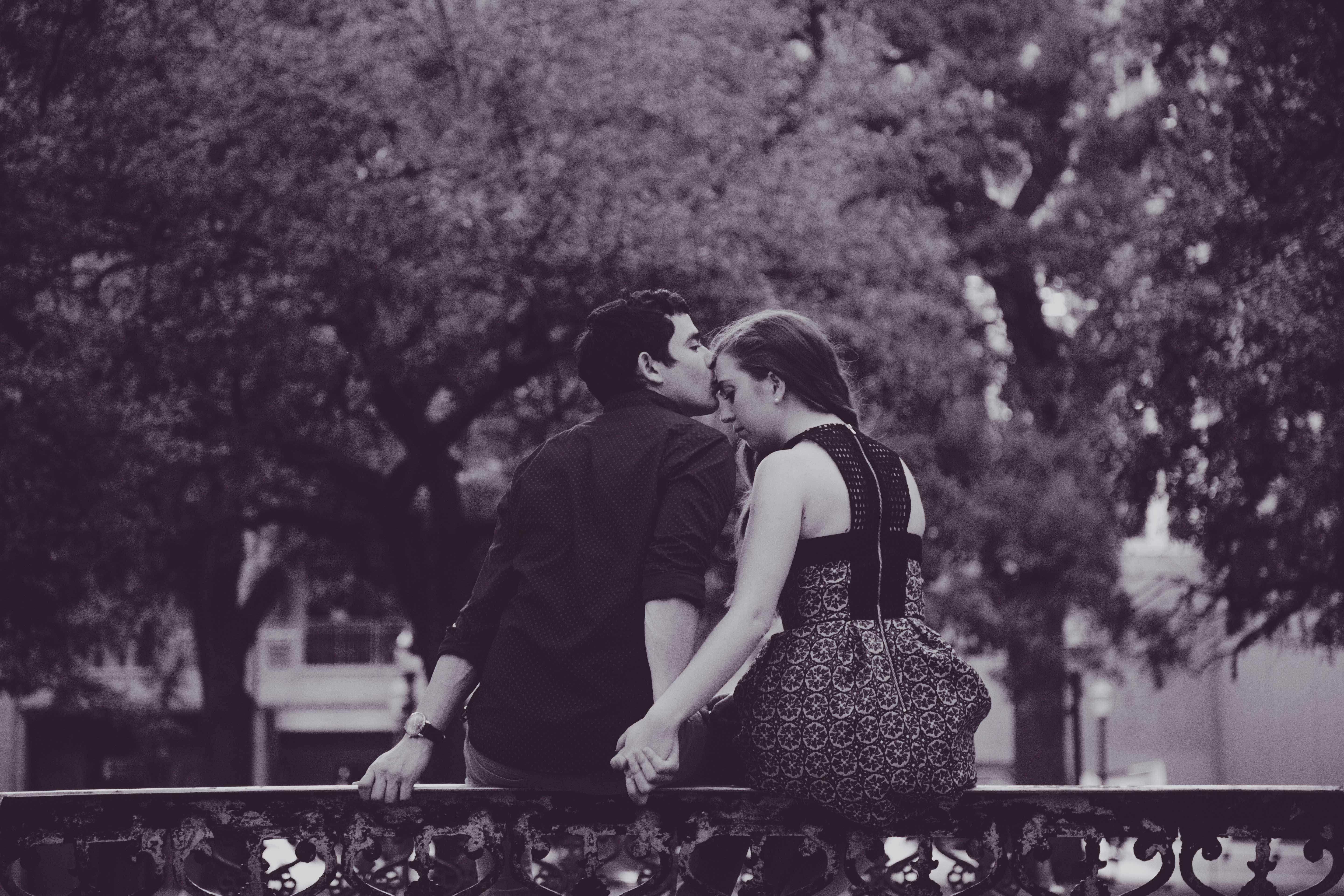 adult, women, s, sitting, tree, forehead, woman, casual clothing, lifestyles, bonding, males, people, black, kissing, white, grayscale, couple - relationship, HD Wallpaper
