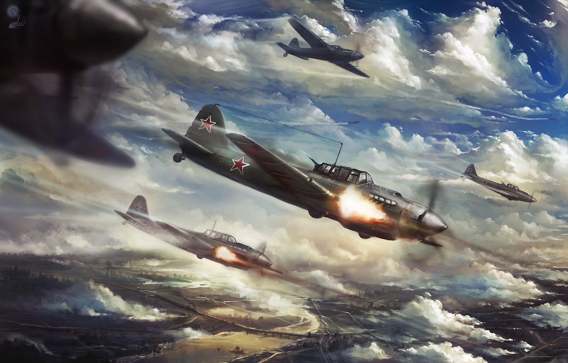 art, sky, sunlight, the fire, fighter Plane, motion, cloud - Sky, military, 1080P, engine, clouds, army, blue, lot, aircraft, no people, mid-air, group of animals, HD Wallpaper