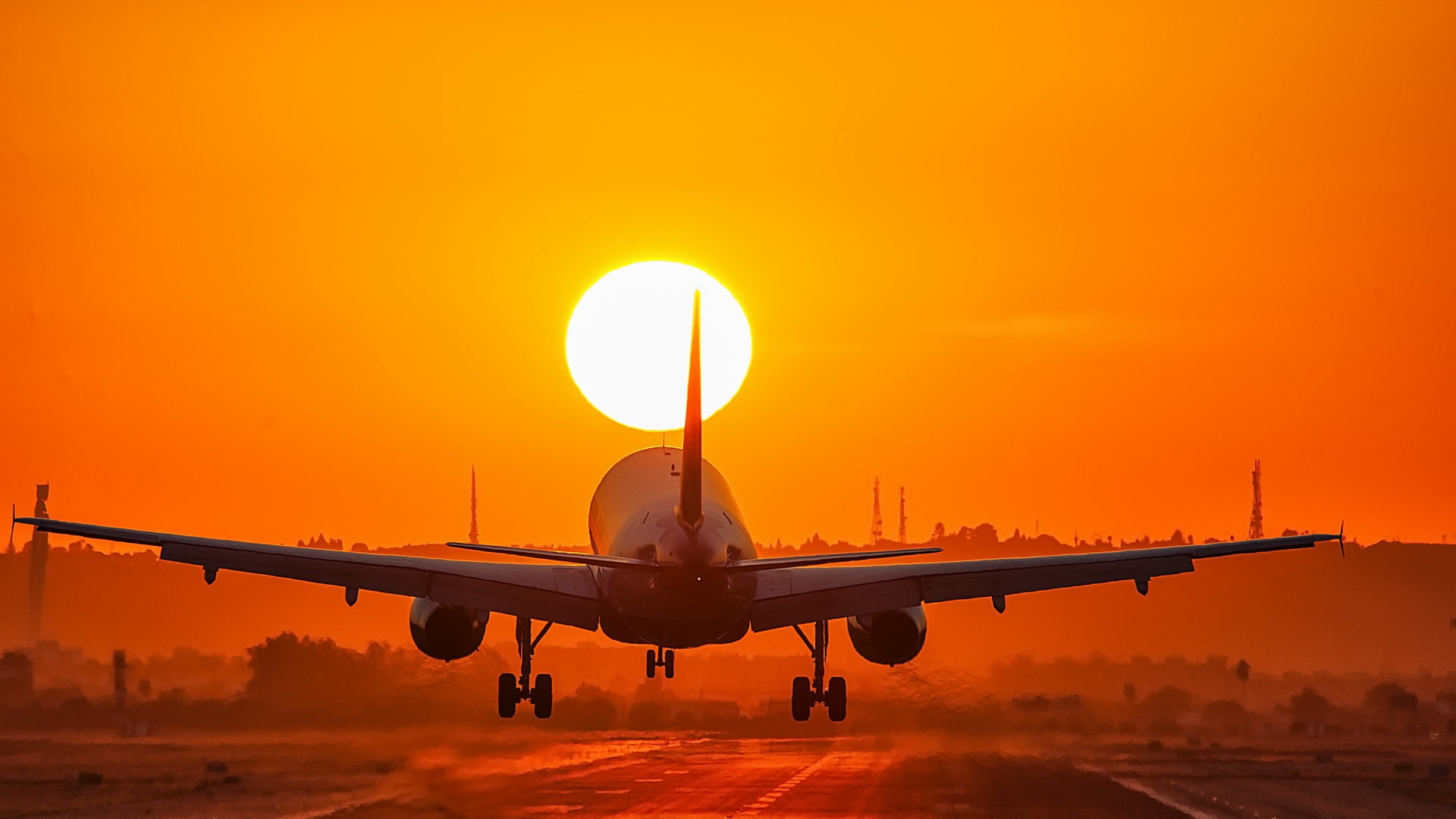 1080P, Aircraft, landing, sunset, HD Wallpaper