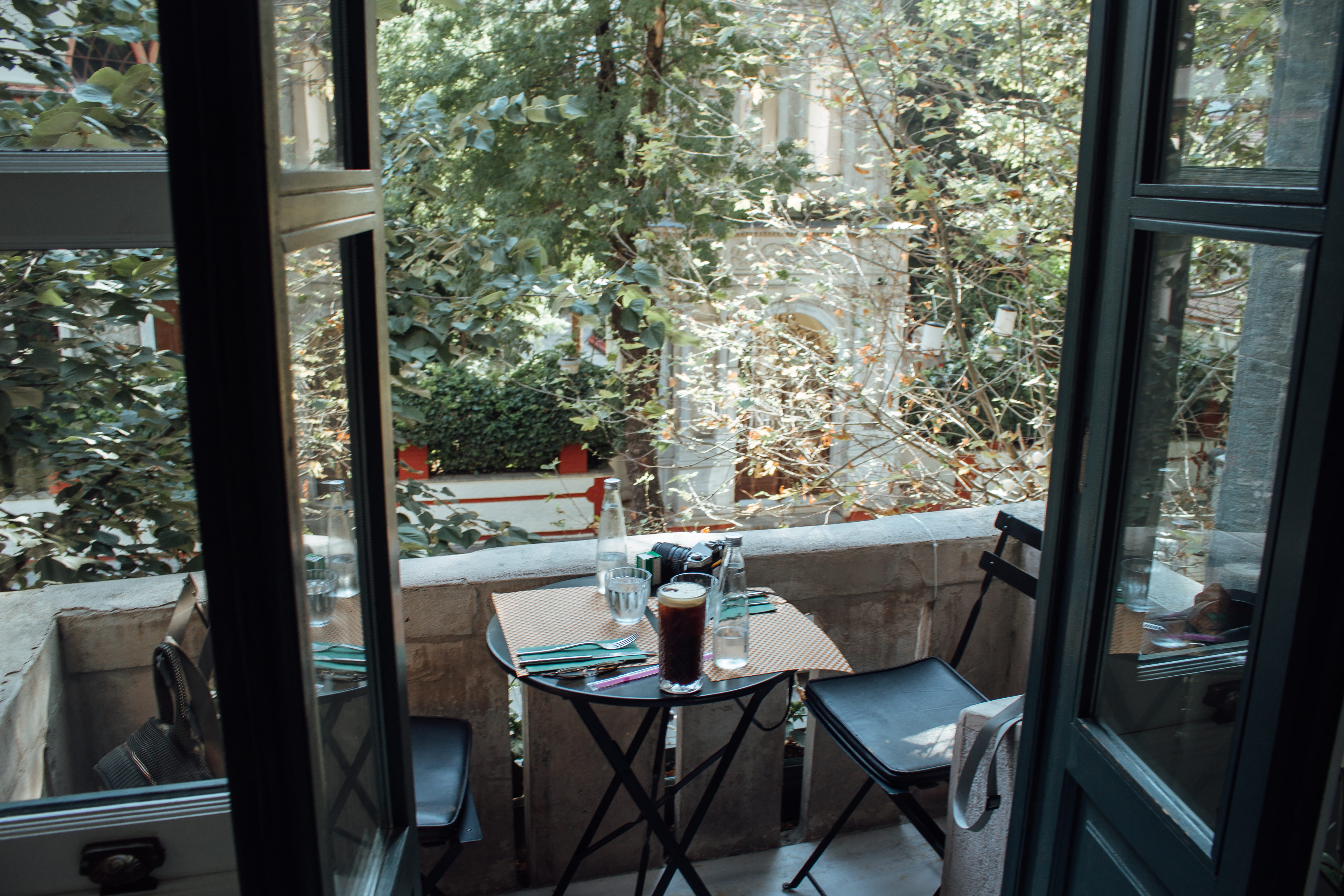 tree, window, plant, 5K, furniture, no people, coffee table, glass, furnitures, trees, day, absence, restaurant, drinking glass, entrance, soda, transparent, HD Wallpaper