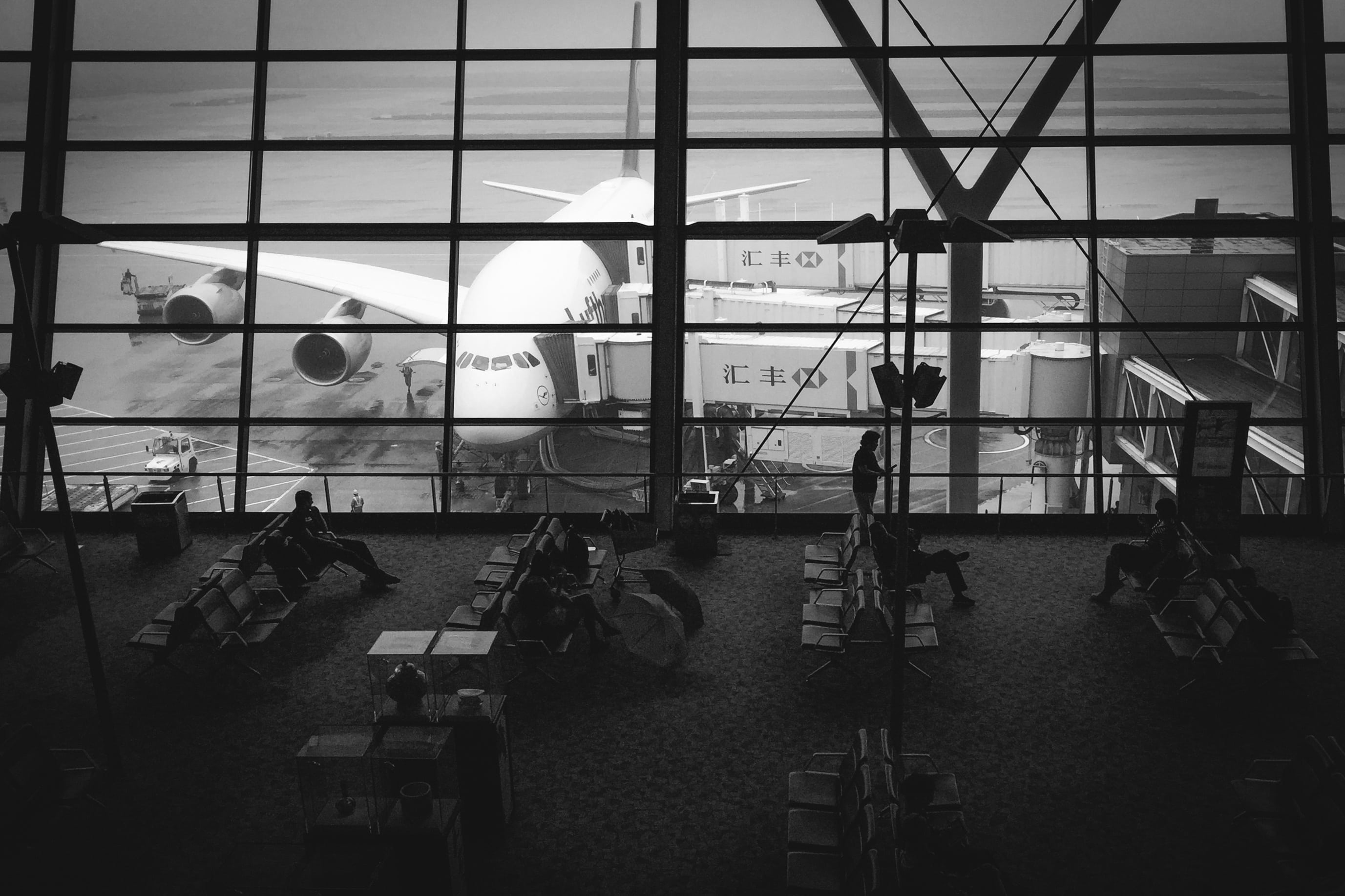 aircraft, glass - material, 2K, waiting, day, vehicle, air vehicle, no people, transportation, sky, indoors, travel, bench, mode of transportation, airport, HD Wallpaper