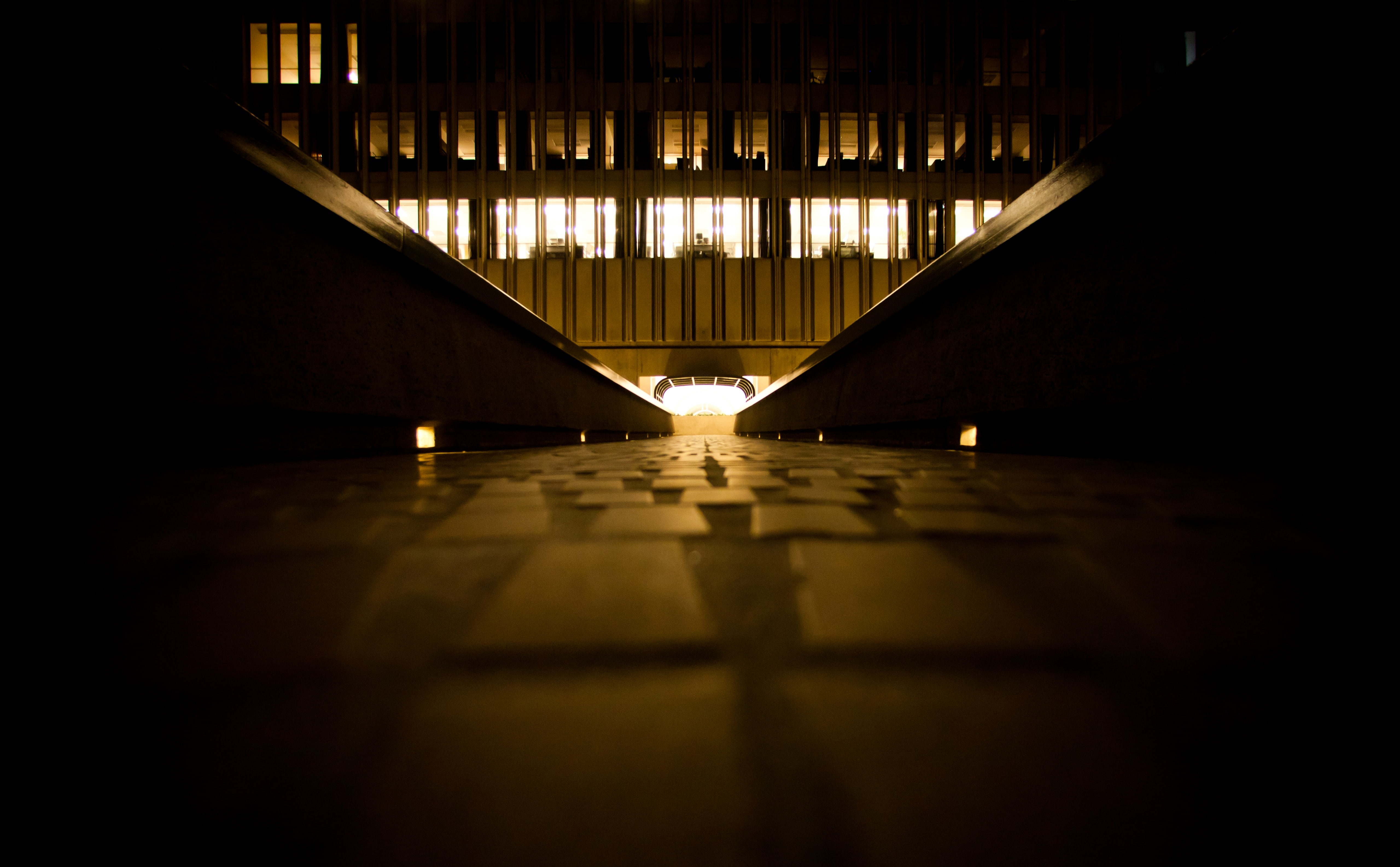 absence, reflection, dark, pattern, Night, ceiling, surface level, san francisco, diminishing perspective, 5K, the way forward, united states, Embarcadero Center, HD Wallpaper