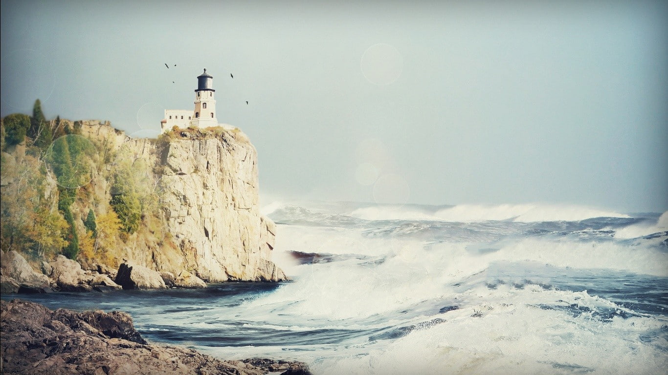 coast, cliff, sea, lens flare, waves, lighthouse, 720P, HD Wallpaper