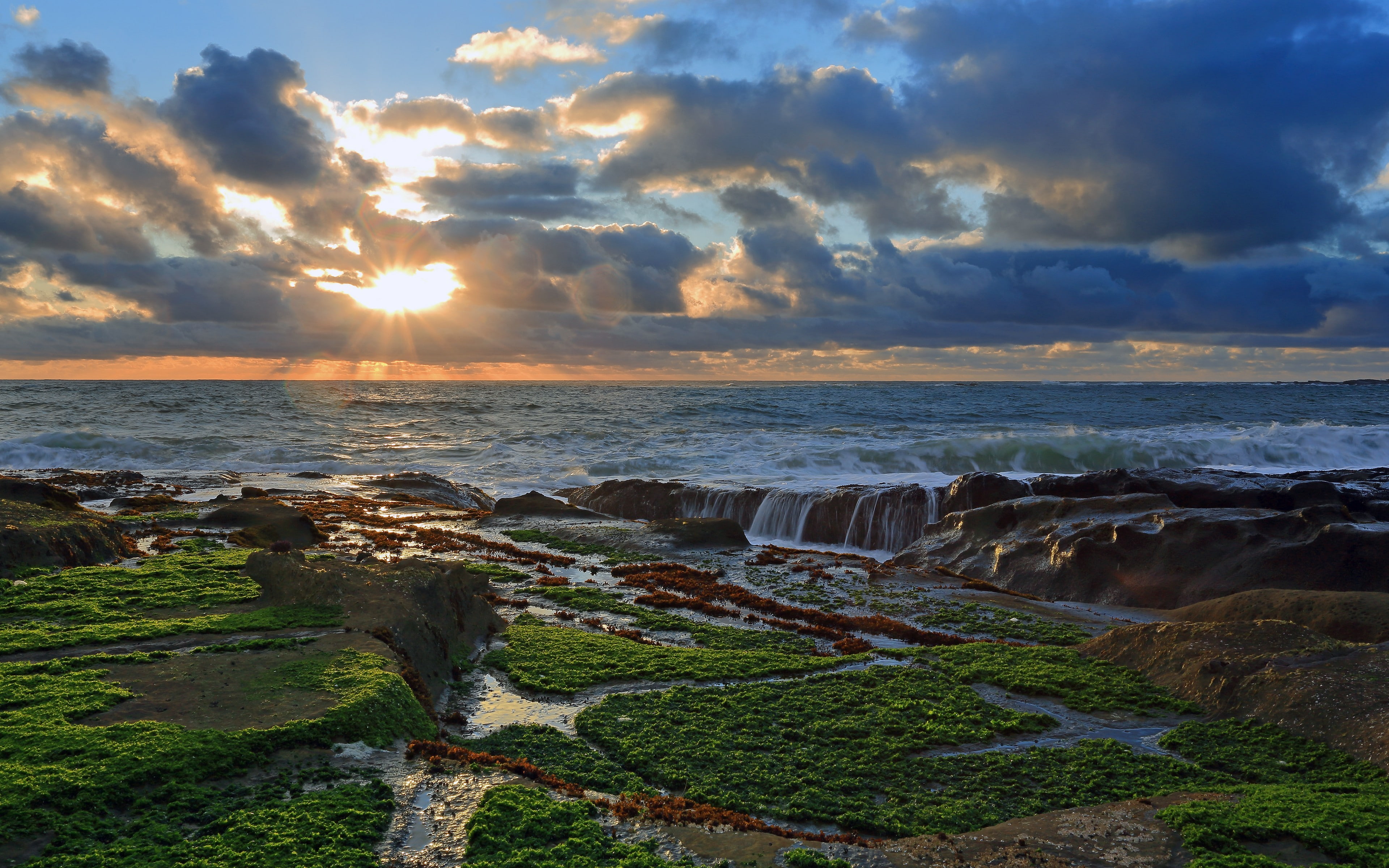 clouds, coast, lens flare, skyscape, waves, horizon, sea, 4K, HD Wallpaper