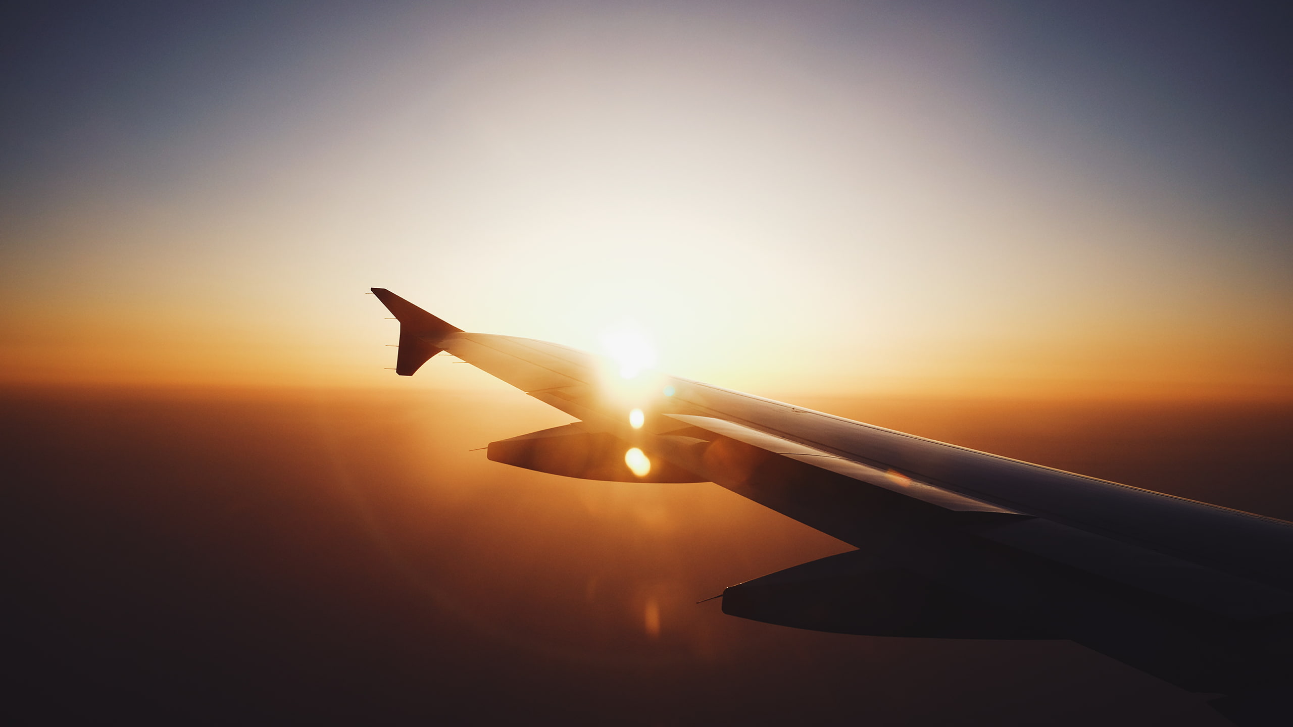airplane wing, airplane, sunset, lens flare, 2K, HD Wallpaper