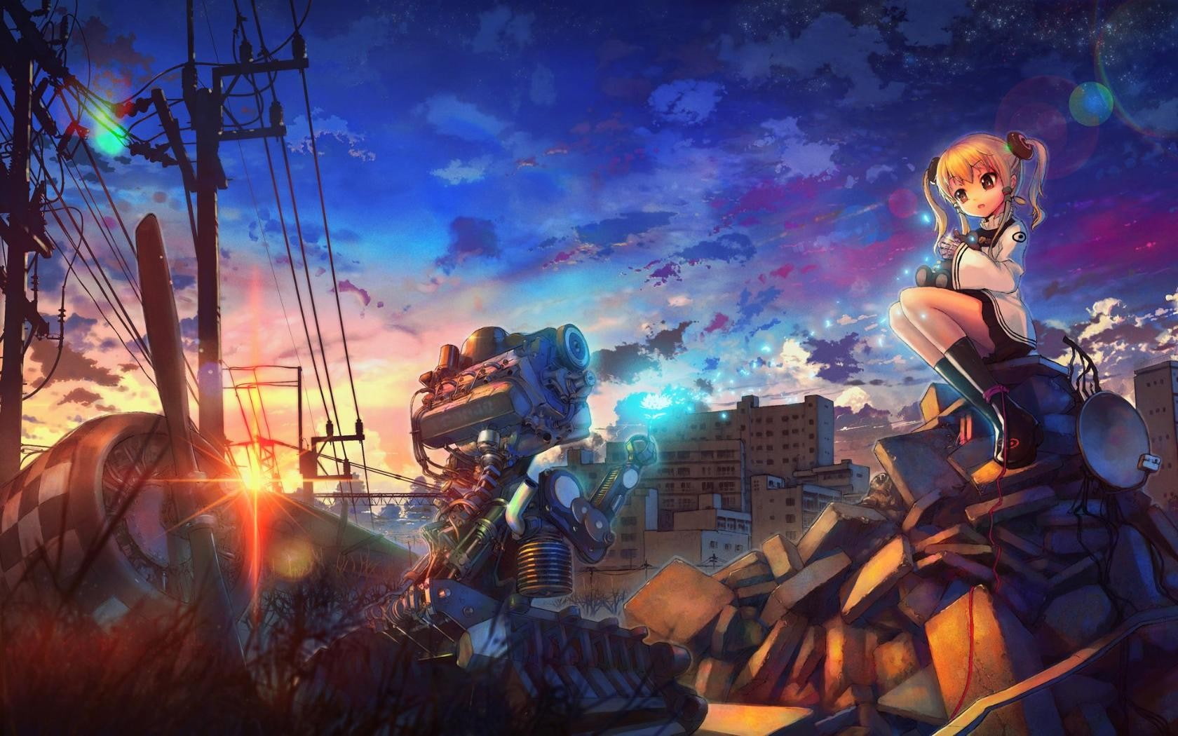 toy, sunlight, cloud - sky, sky, anime girls, male likeness, nature, architecture, digital composite, built structure, outdoors, female likeness, sunbeam, HD Wallpaper