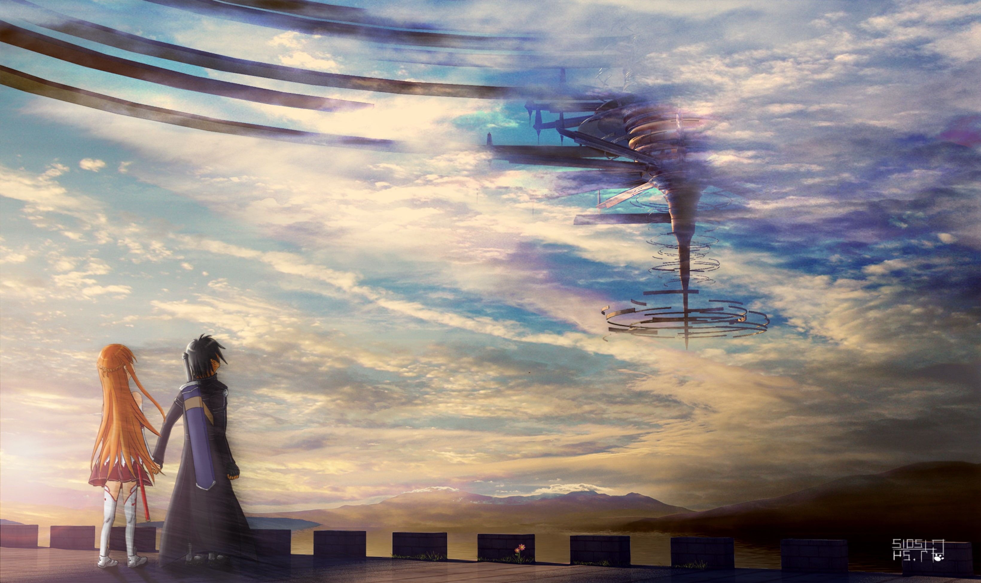 architecture, anime, Kirigaya Kazuto, sunlight, human representation, sunset, cloud - sky, Yuuki Asuna, no people, Anime Boys, nature, Long Hair, sculpture, HD Wallpaper