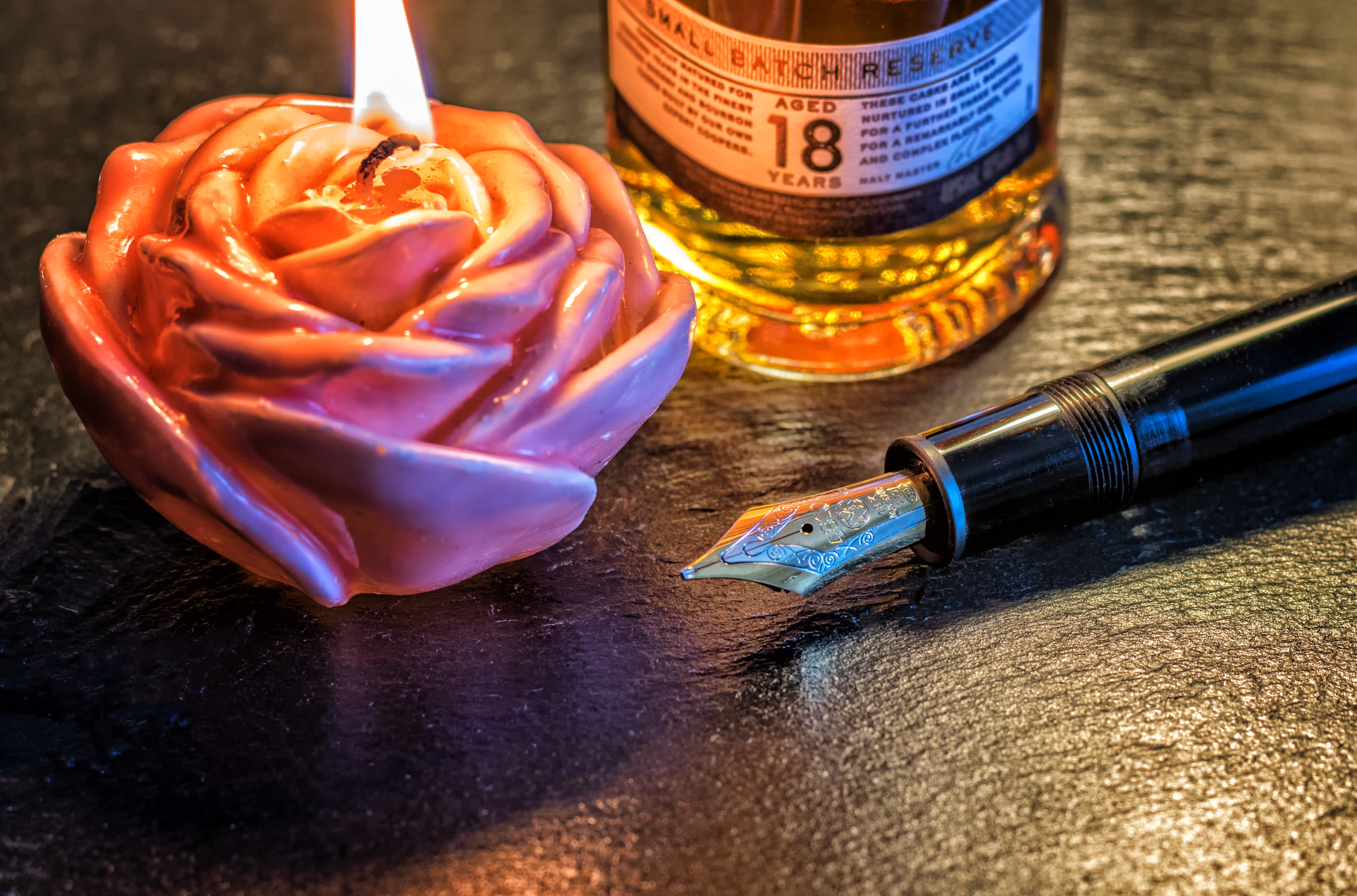 leave, indoors, bottle, still life, currency, freshness, 4K, no people, pen, close-up, wood - material, light, high angle view, focus on foreground, mont blanc, HD Wallpaper