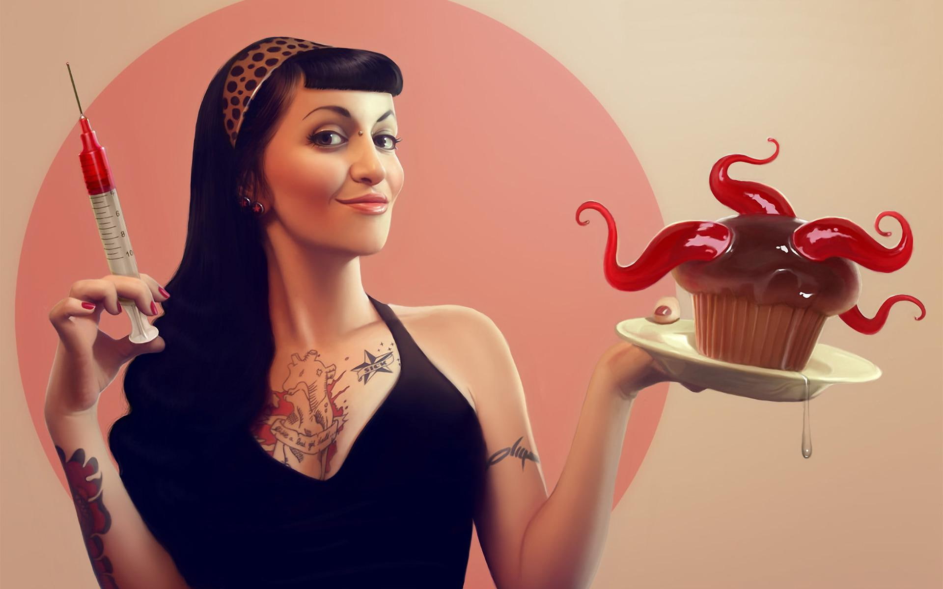 seringe, holding, cupcake, syringe, 1080P, woman, 1920x1200, cake, plate, digital art, strange, HD Wallpaper