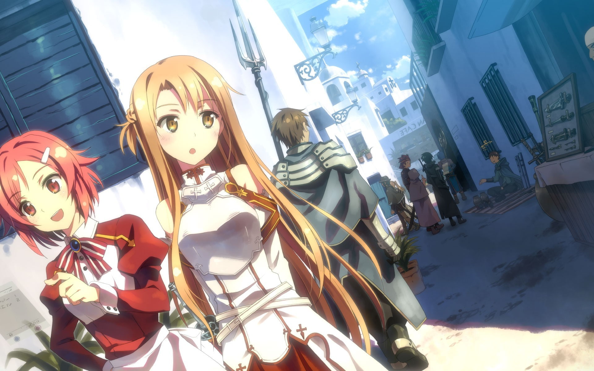 art and craft, Orange Eyes, human representation, Yuuki Asuna, Kirigaya Kazuto, sky, architecture, building, outdoors, Sword Art Online, Tsuboi Ryotaro, HD Wallpaper