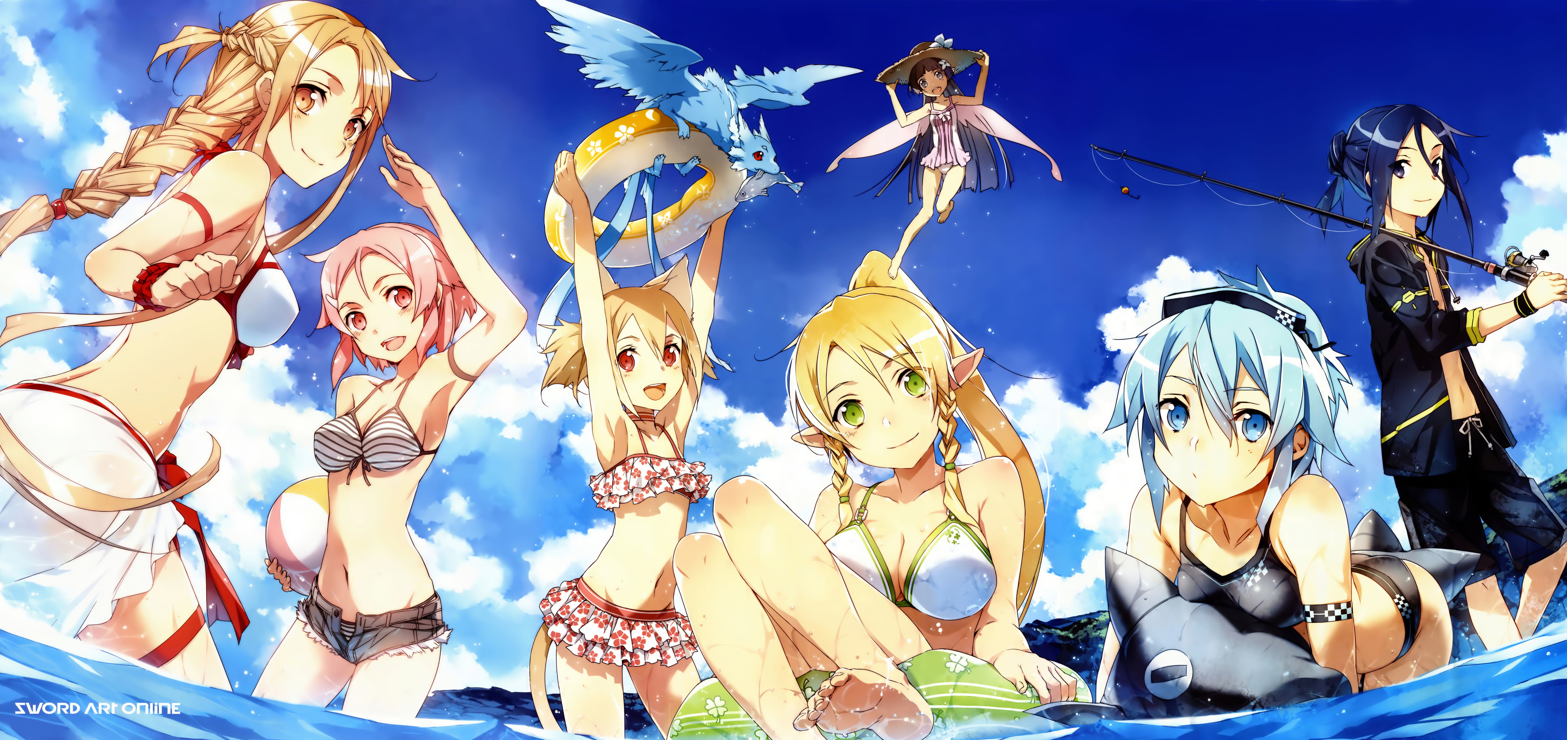 digital art, 2D, artwork, Sword Art Online, Sinon (Sword Art Online), Yuuki Asuna, Leafa(Sword Art Online), Kirigaya Kazuto, Kirito (Sword Art Online), HD Wallpaper