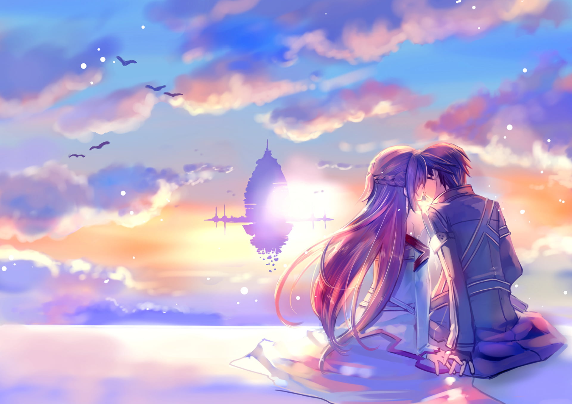 1080P, kissing, anime girls, sky, anime boys, anime, outdoors, Kirito (Sword Art Online), PC gaming, Sword Art Online, HD Wallpaper