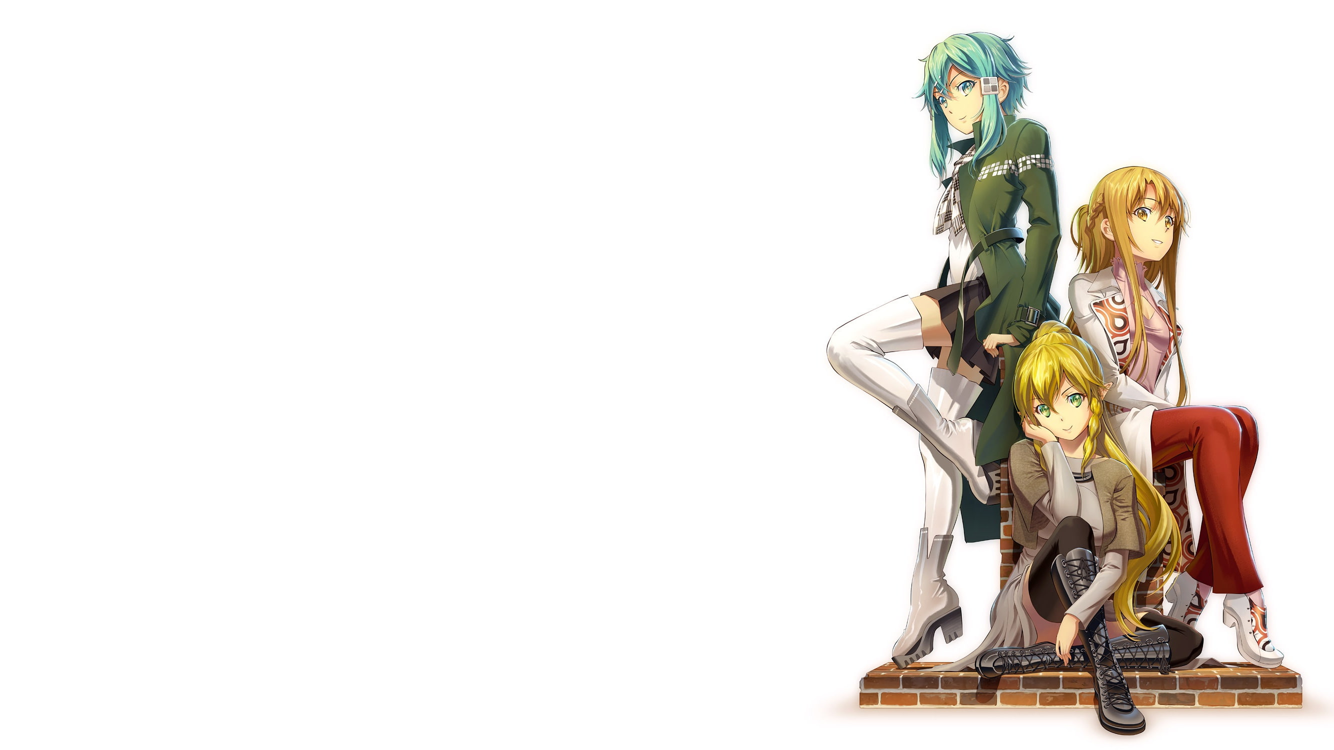 Shino Wand, Leafa, Kirigaya Suguha, anime girls, 2K, simple background, Sword Art Online, Sinon, white background, minimalism, anime, Yuuki Asuna, girl, HD Wallpaper