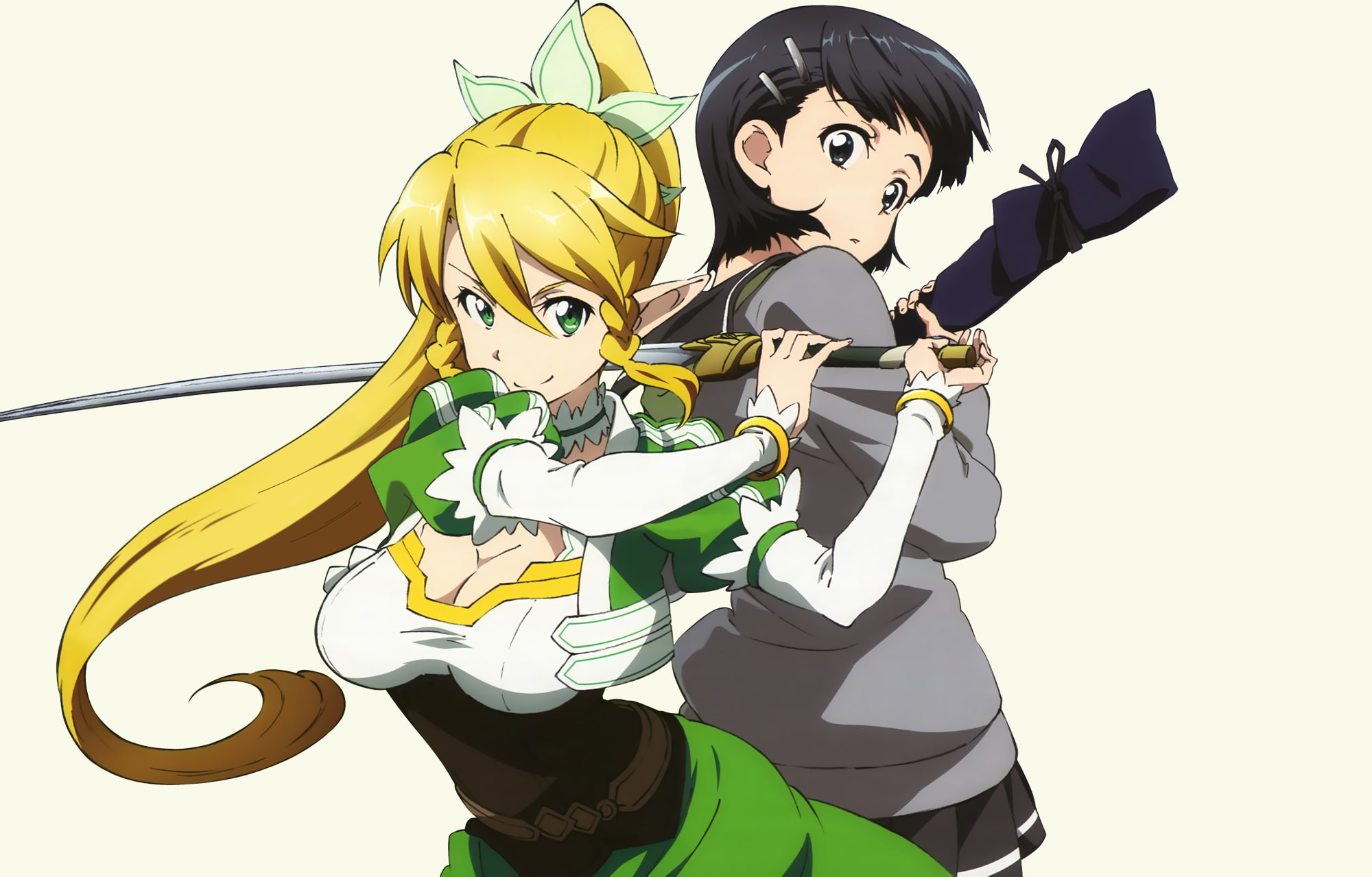 long, kirigaya, online, white, 1080P, eyes, art, sword, suguha, ponytail, hair, leafa, green, cleavage, blonde, elf, weapon, HD Wallpaper