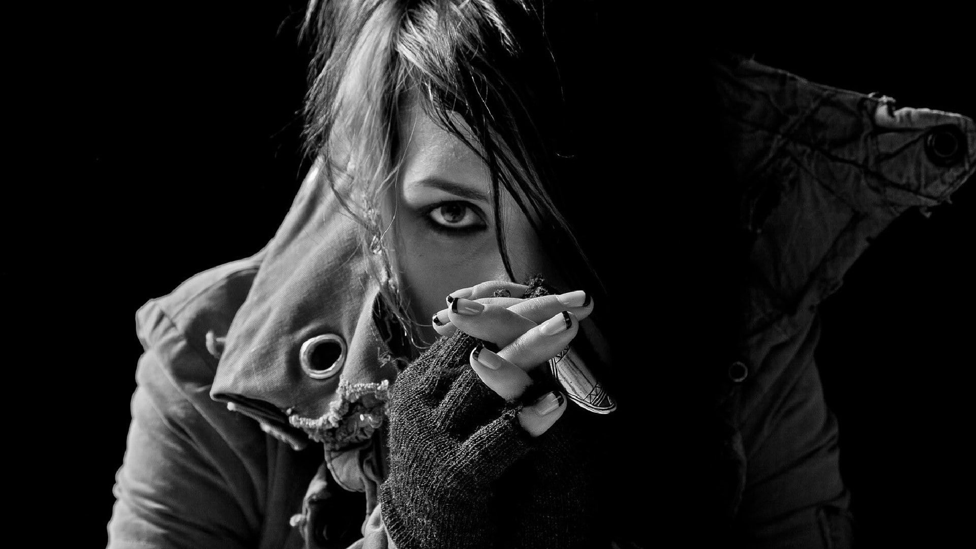 dark, headshot, hair, studio shot, young women, hairstyle, obscured face, one person, leisure activity, lifestyles, clothing, scarf, young adult, black background, HD Wallpaper
