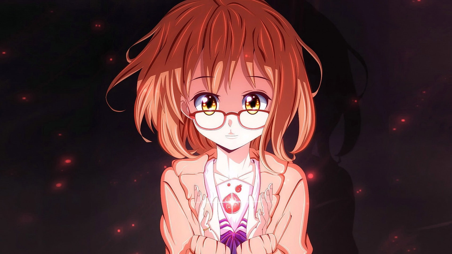 looking at viewer, yellow eyes, redhead, glasses, 1080P, Kuriyama Mirai, anime, anime girls, Kyoukai no Kanata, short hair, HD Wallpaper
