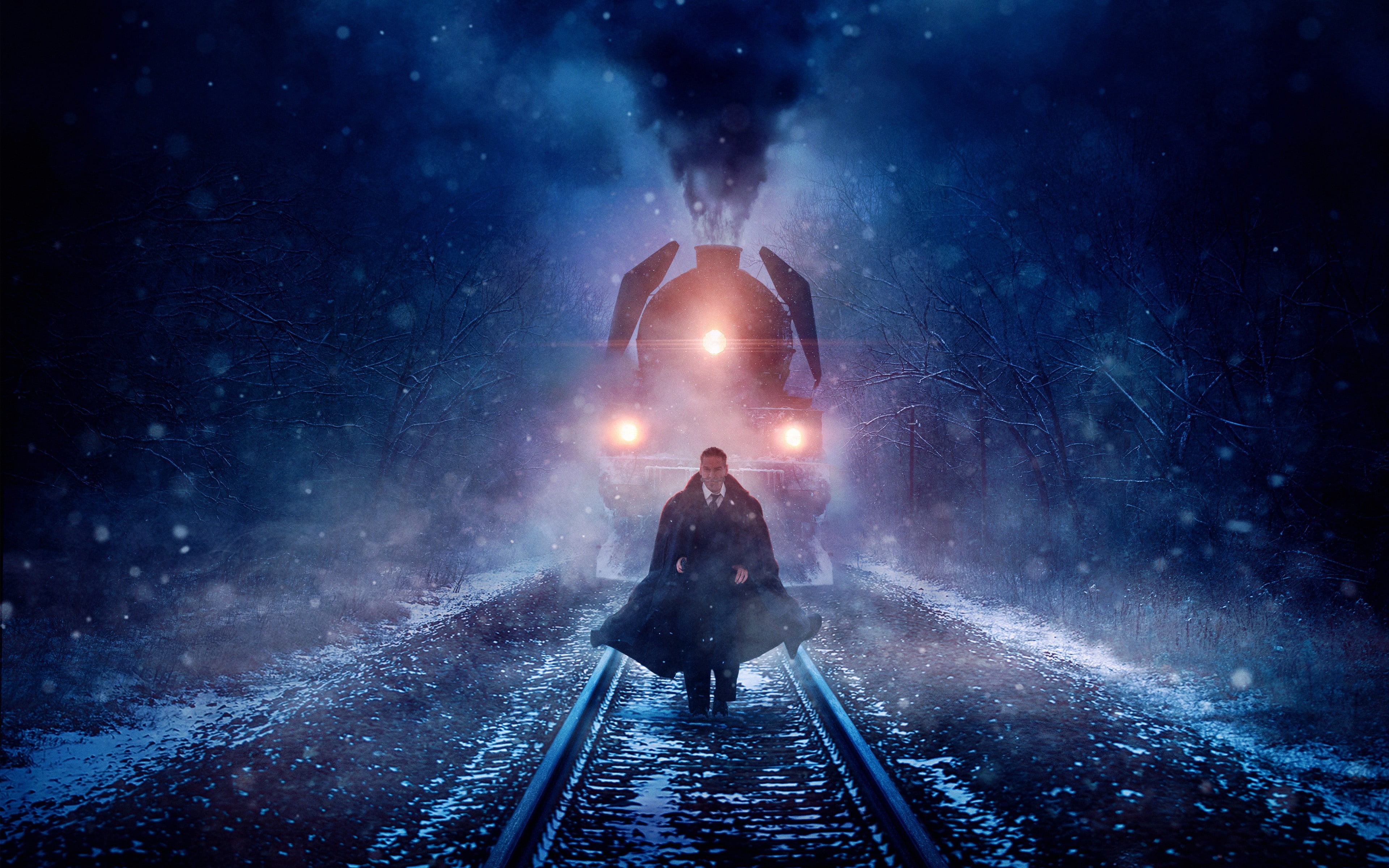 train, man, smoke, movie, suit, Murder on the Orient Express, tie, 4K, Kenneth Branagh, snow, cinema, blizzard, mustache, film, HD Wallpaper
