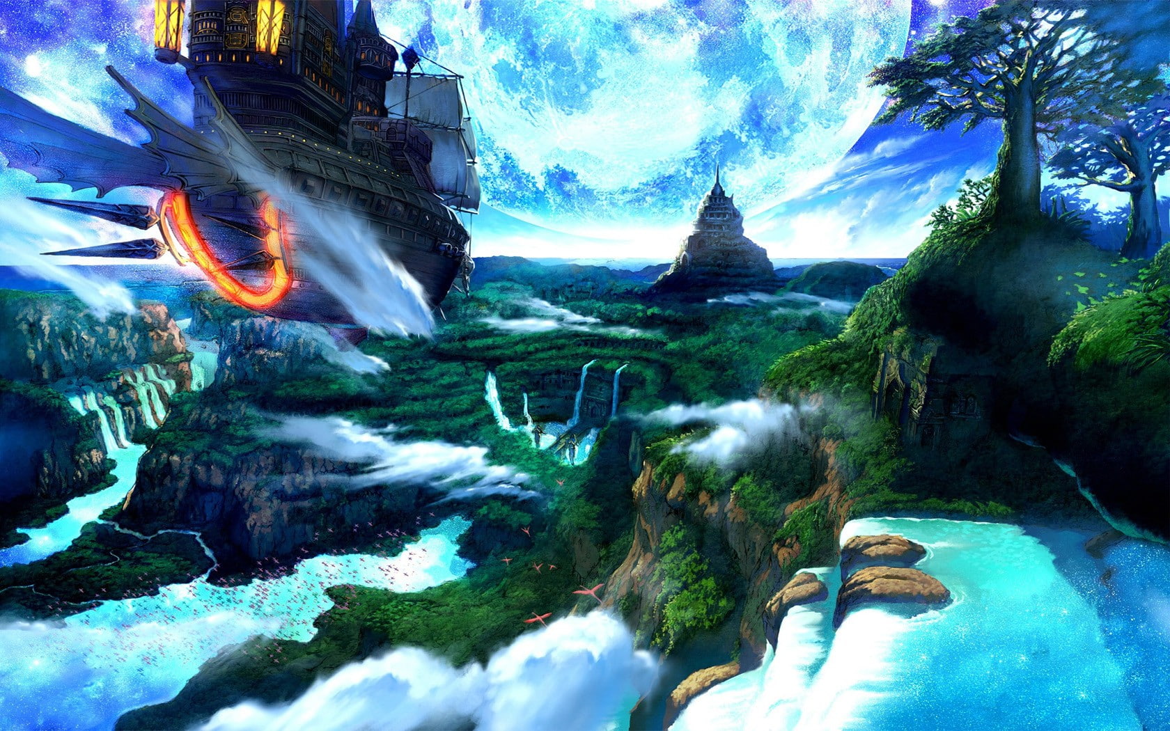 waterfall, 720P, airships, fantasy art, HD Wallpaper