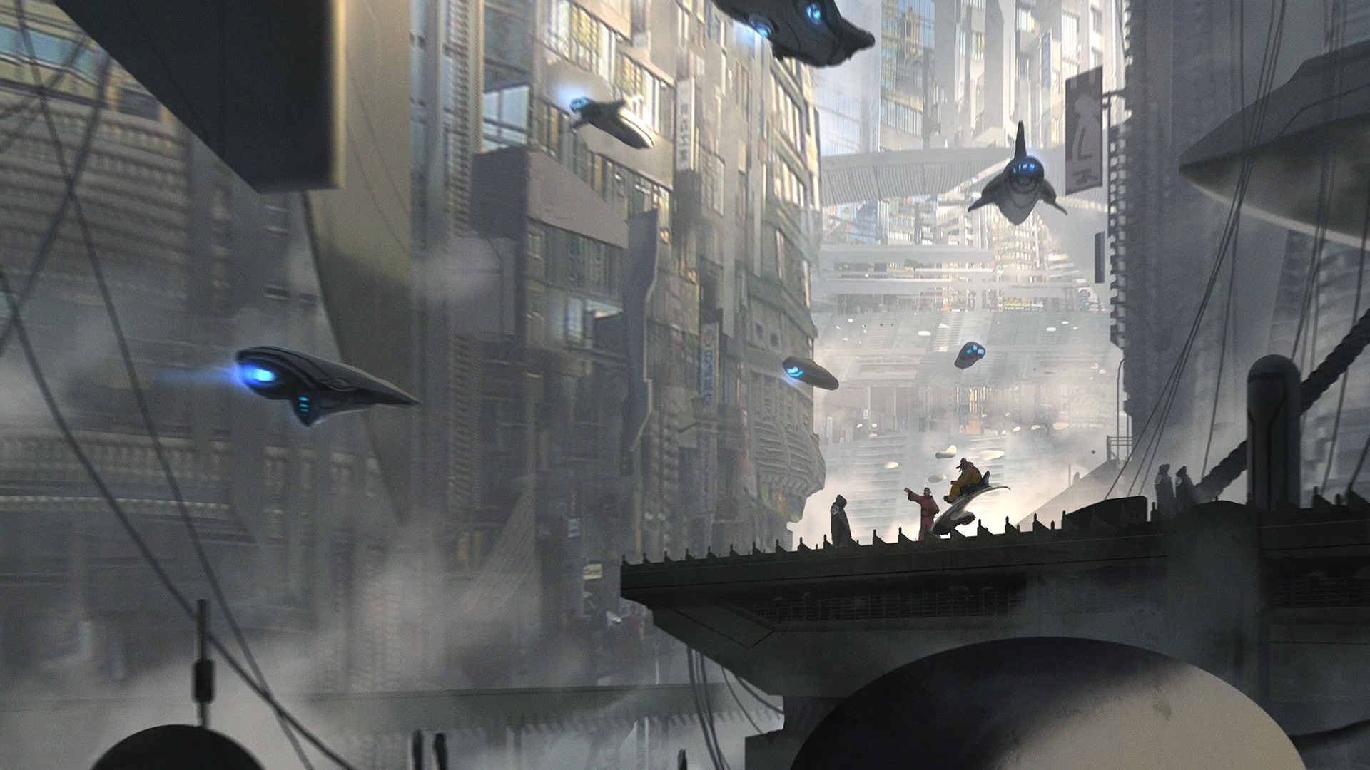 city, spaceship, 1080P, airships, science fiction, futuristic, HD Wallpaper
