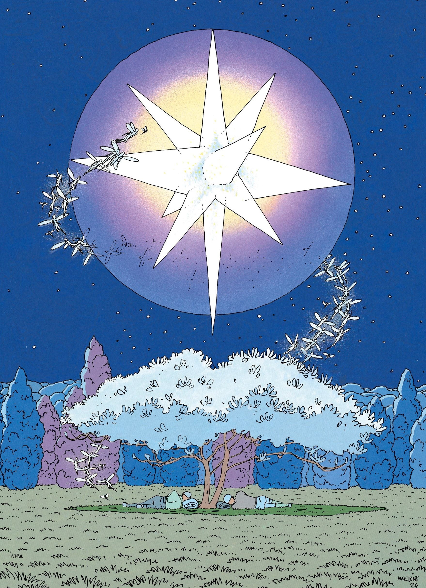 1080P, Jean Giraud, stars, digital, illustration, Mœbius, sleeping bags, trees, digital art, artwork, night, moonlight, fairies, sleeping, Phone HD Wallpaper